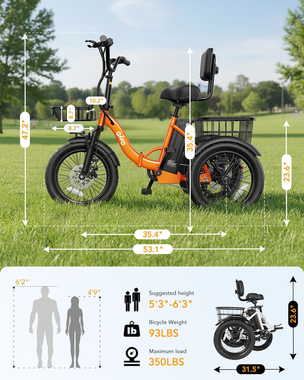 Qlife Triker Electric Bike, 1200W Brushless Motor Folding Trike Ebike, 48V10.4AH Removable Battery, 3 Wheel Electric Bicycle, 18 Tire Tricycle for Adults