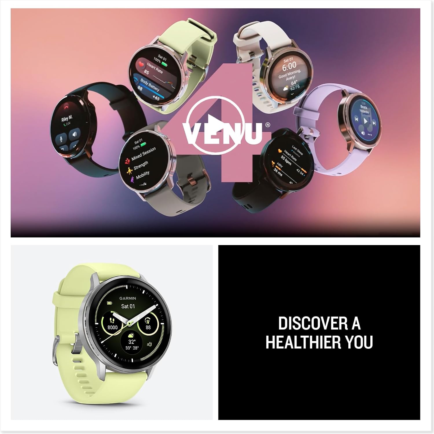 Garmin Venu® 4, 45mm, Advanced Health and Fitness GPS Smartwatch, Bright and Colorful Display, Built-in Flashlight, 12 Days of Battery Life, Silver with Citron Silicone Band