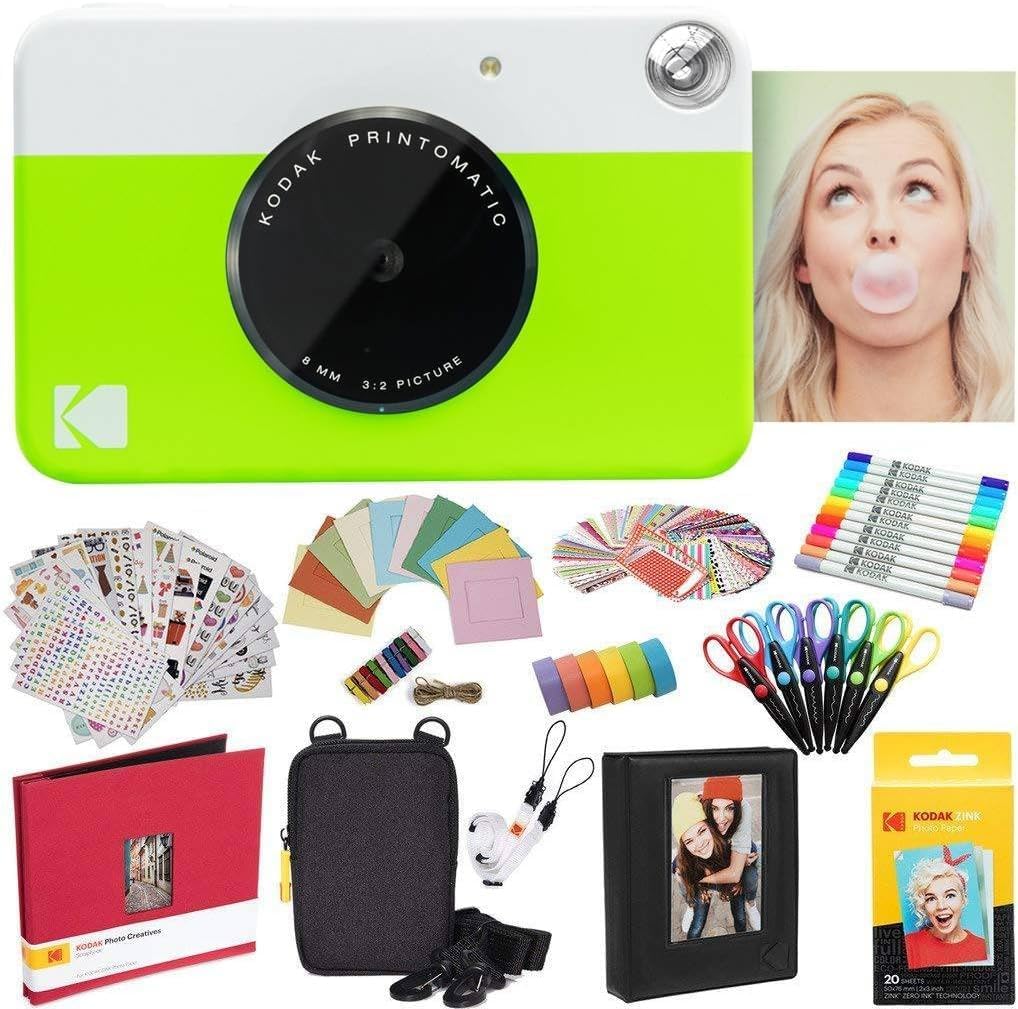 Kodak Printomatic Instant Camera (Green) All-in-Bundle + Zink Paper (20 Sheets) + Deluxe Case + Photo Album + 7 Sticker Sets + Markers + Scissors and More