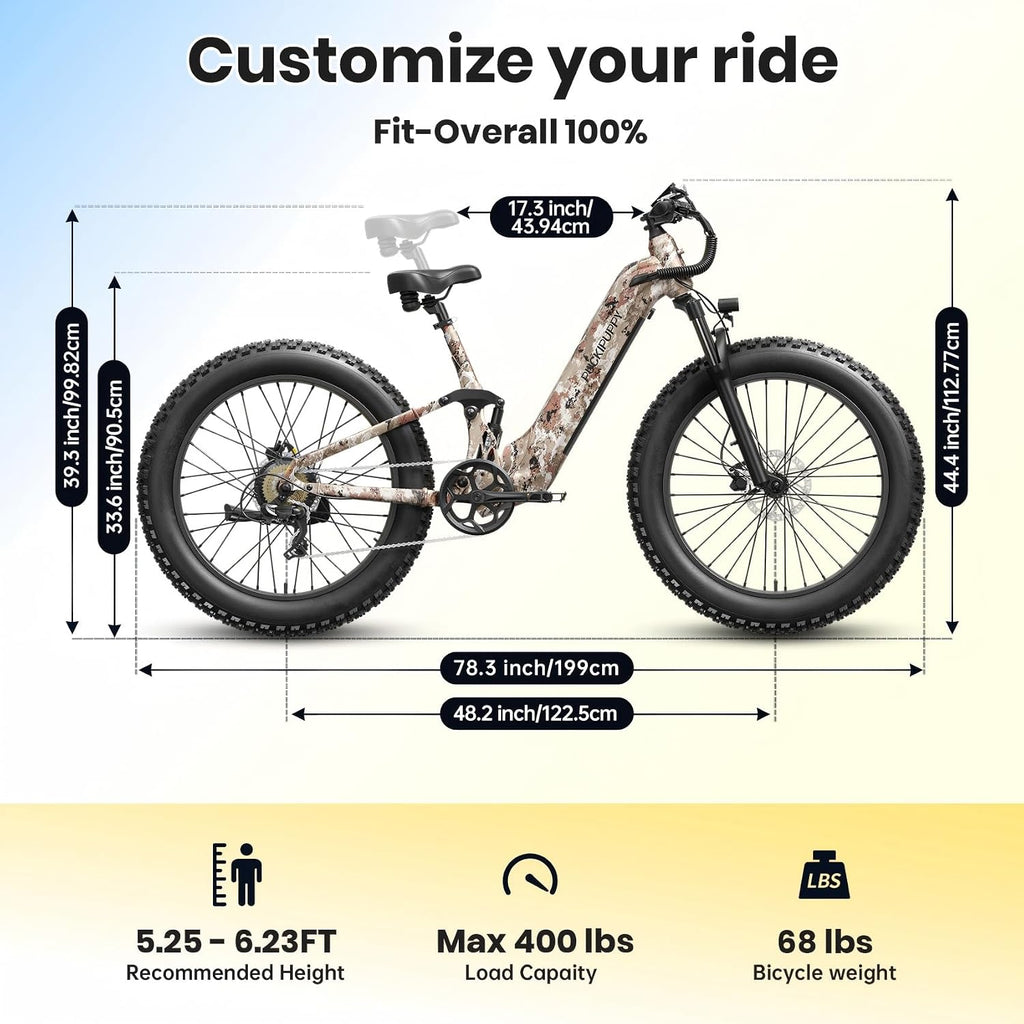 PUCKIPUPPY Electric Bike for Adults 960W, 48V 20AH Battery Adult Electric Bicycles, 26' Fat Tire Full Suspension Step-Thru Ebike, 28MPH Mountain Ebike, 7 Speed, 80Miles Range