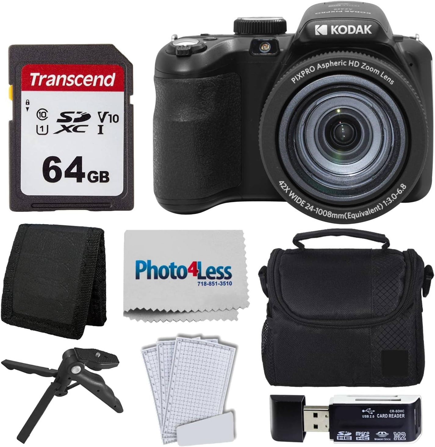 Kodak PIXPRO AZ425 Digital Camera Bundle with 64GB Memory Card + Camera Case (Black) + USB Card Reader + Table Tripod + Accessories (Black)