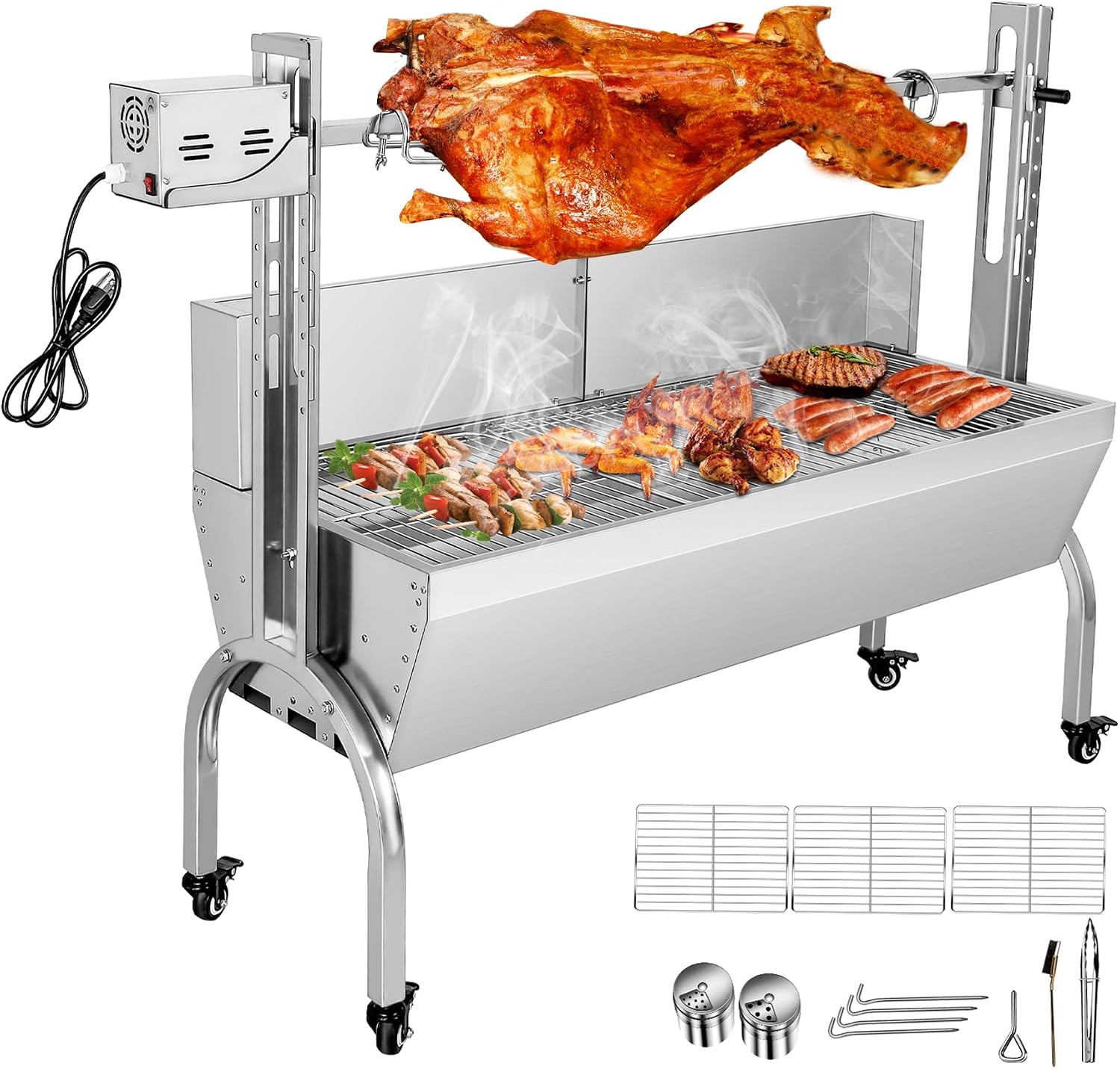 Rotisserie Grill With Wind Screen, Stainless Steel Charcoal Spit, Electric Pig Rotisserie Machine, 176LBS/80KG BBQ Grill for Pig Roasting, Camping & Backyard Use
