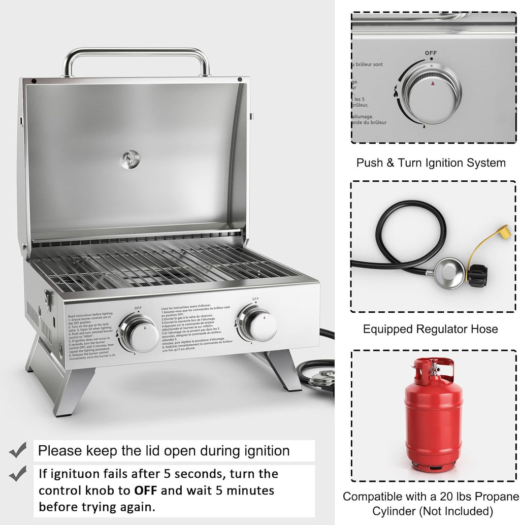 Giantex Portable Gas Grill with 2 Burner, Max. 20,000 BTU total, Folding Legs, Built-in Thermometer, Travel Locks, Stainless Steel Tabletop Propane Gas Grill for Camping Picnic Cookout RV BBQ