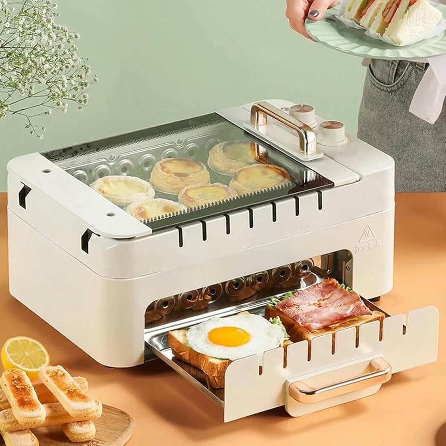 Electric Kebab Grill Machine, Non-Stick Double Layer Grill Oven, Automatic 360° Rotating BBQ Skewers Machine, BBQ Pot for Indoor Outdoor Camping