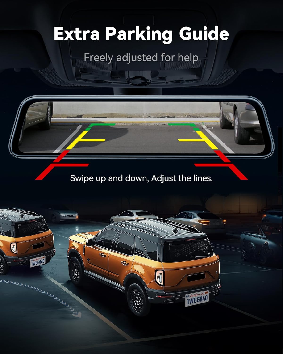 WOLFBOX G840S 12' 4K Mirror Dash Cam Backup Camera, 5.8GHz WiFi Smart Rearview Mirror for Cars & Trucks, Front and Rear View Dual Cameras, Night Vision, Parking Assistance, Included 32GB Card & GPS