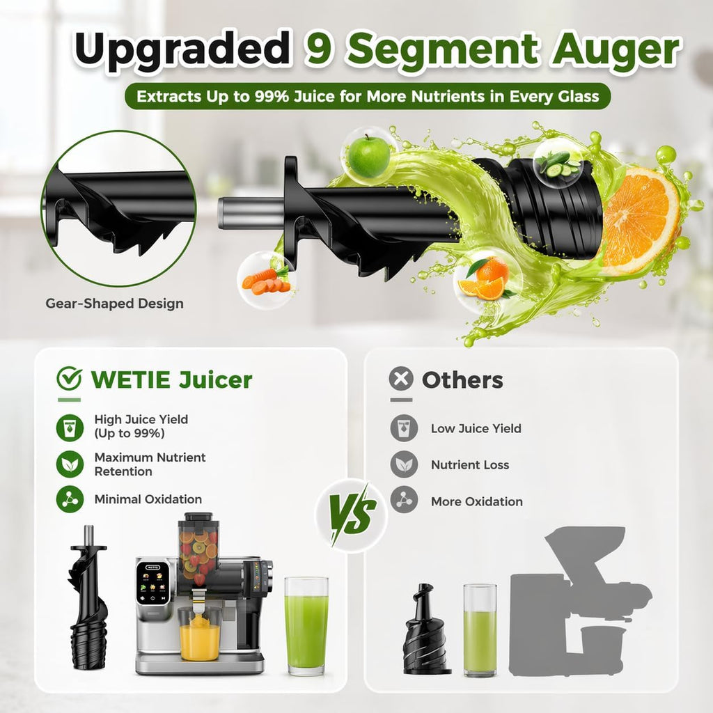 WETIE Cold Press Juicer, Powerful Juicer Machines with Adjustable Juicing Pressure, 99% High Juice Yield, Quiet Slow Masticating Juicer with Touch Screen, 3.54'' Feed Chute, Easy to Clean with Brush