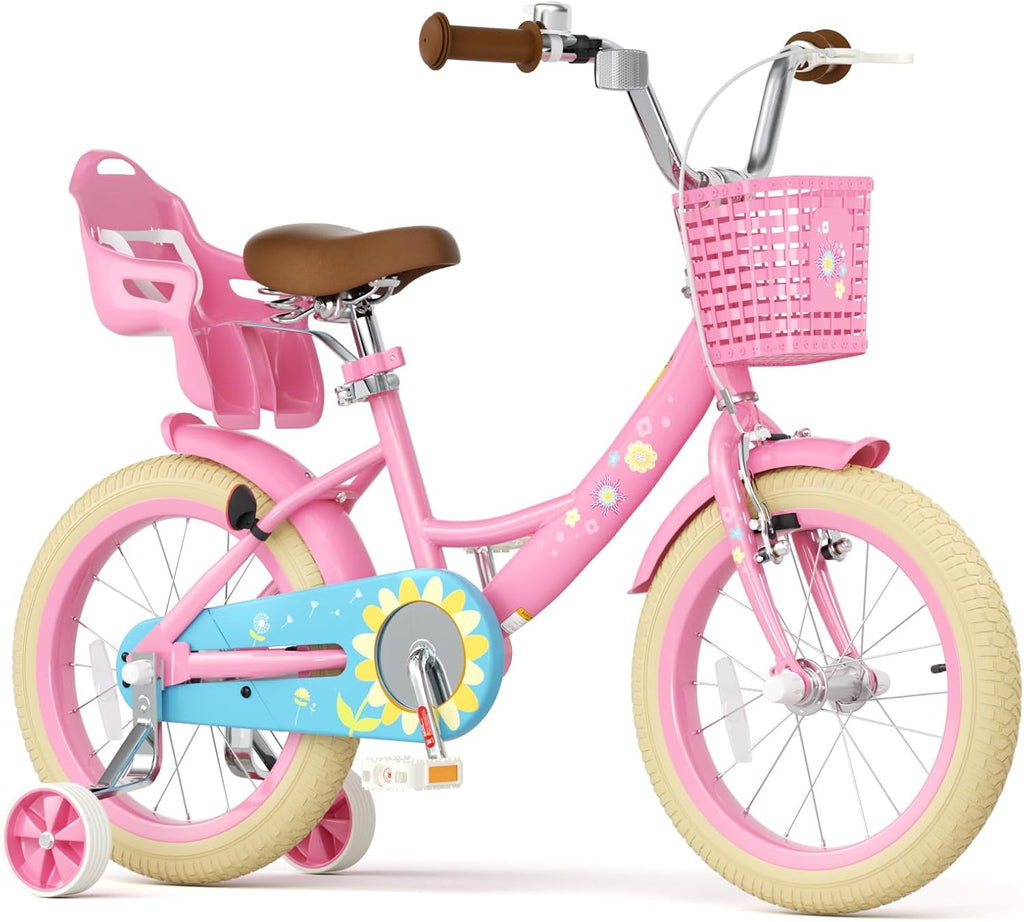 Glaf Toddler Girls Bike 12 14 16 20 Inch Girls Bike with Training Wheels Age 2-12 Years Old Bicycle Kids Bike with Basket and Doll Seat Adjustable Seat