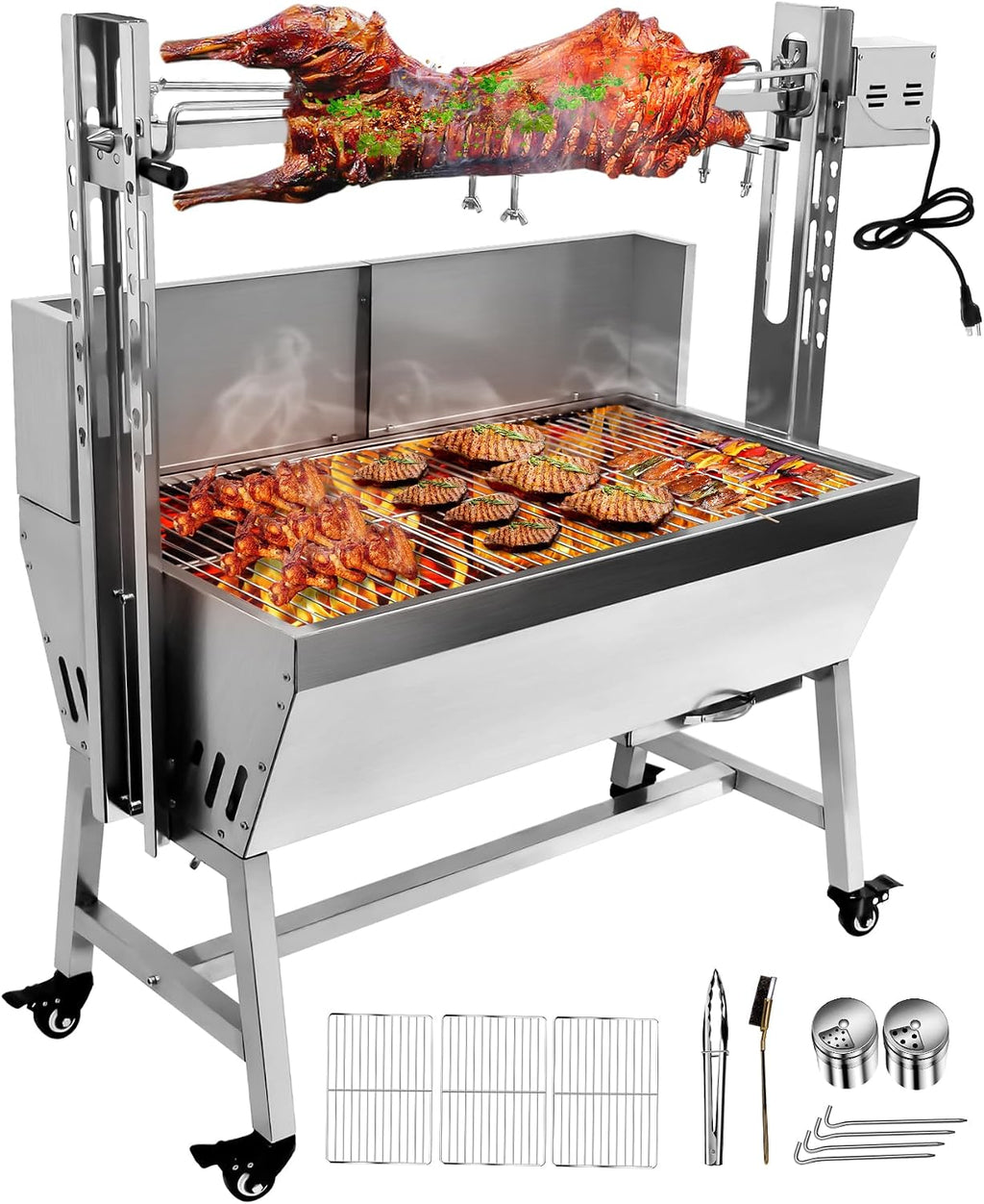 Stainless Steel Rotisserie Grill with Back Cover Guard, 132Lbs Capacity 25W Motor Small Pig Lamb Rotisserie Roaster, 37 Inch BBQ Charcoal Rotisserie Grill for Camping Outdoor