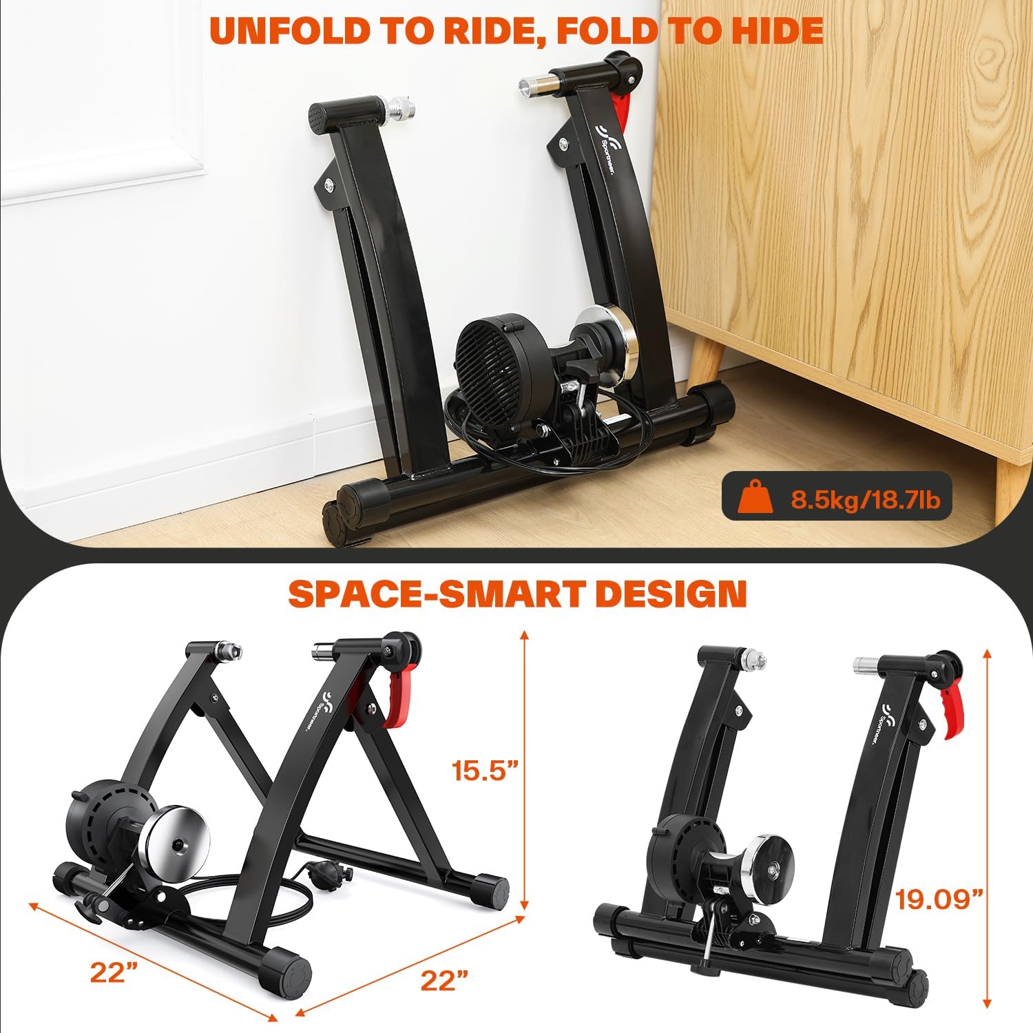 Sportneer Bike Trainer - Magnetic Stationary Bike Stand for 26-28' & 700C Wheels - Adjustable 6 Level Resistance Bike Trainer Stand for Indoor Riding with Quick Release Lever & Front Wheel Riser Block