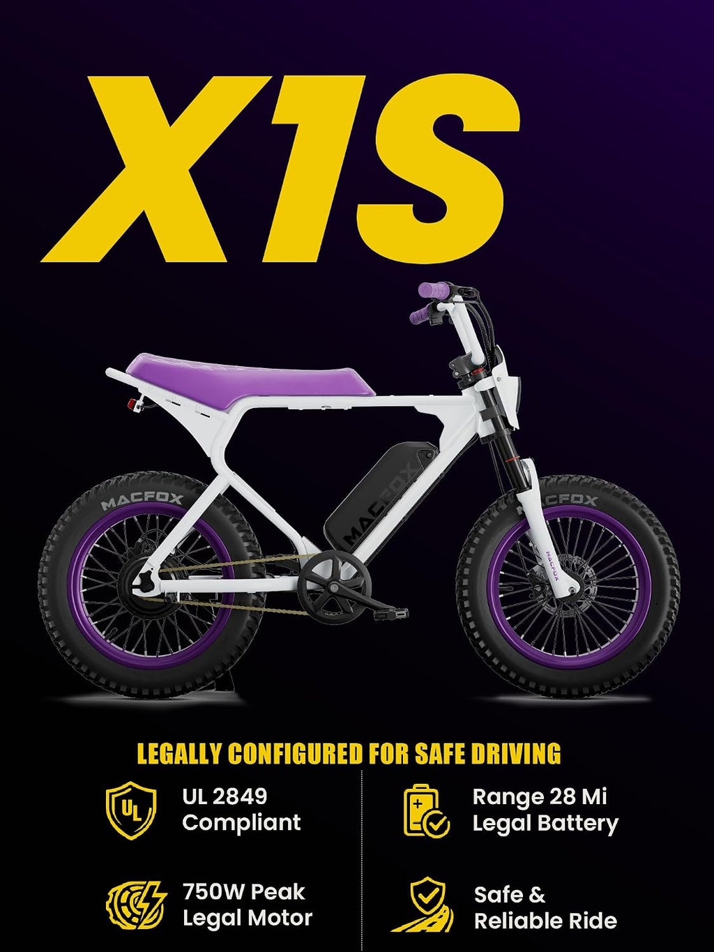 MACFOX X1S Electric Bike for Teens & Adults, UL Certified Class 2 Commuter Ebike, Street Legal Retro Fat Tire Cruiser, Safe 20MPH Campus Ride