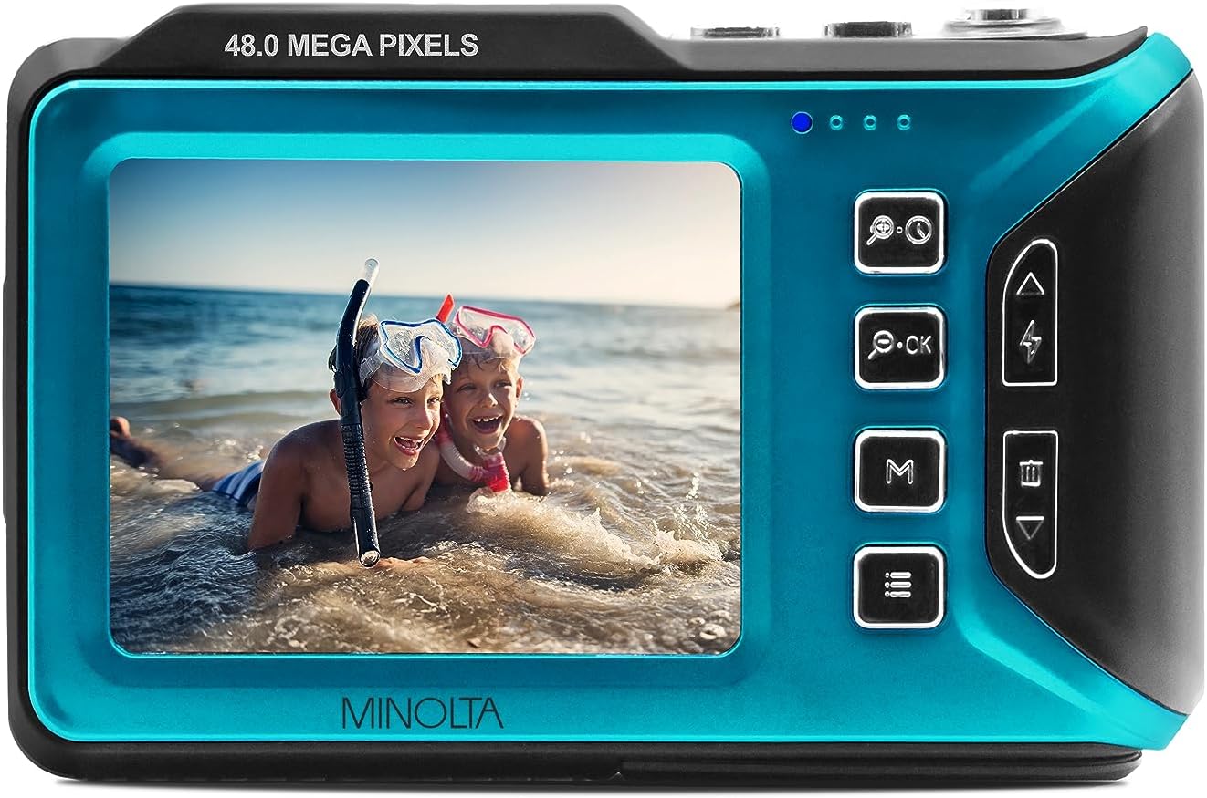 Minolta Waterproof Digital Camera - 48MP Photos, 4K UHD Video, Dual LCD Screens, 16ft Waterproof, 16X Zoom, Anti-Shake, Slow Motion, Compact Point-and-Shoot for Travel & Underwater (Blue)