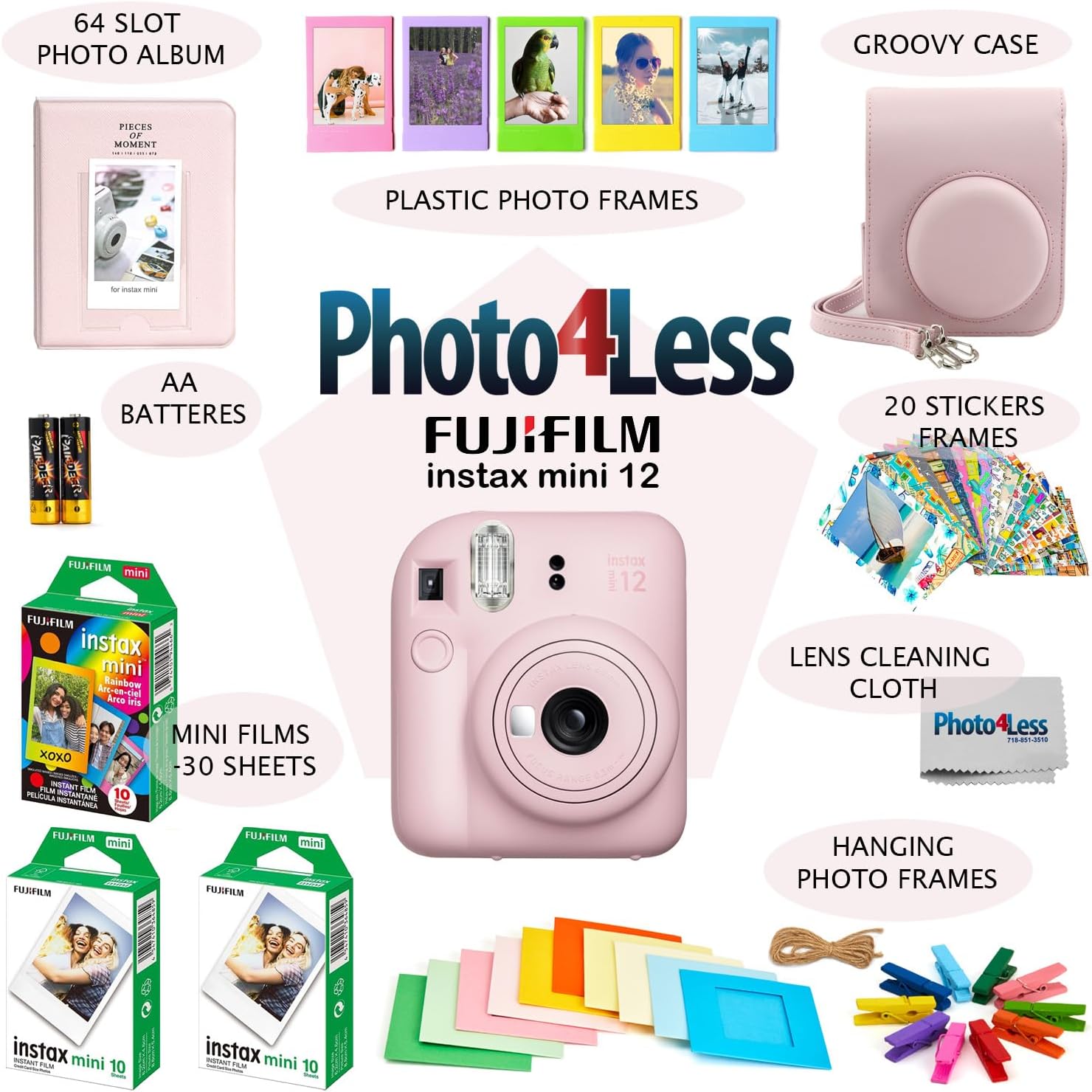 Fujifilm Instax Mini 12 Instant Film Camera, Fuji Instax Mini Film (20 Sheets), Fuji Rainbow Instant Film (10 Sheets), Protective Case, Album, Insax Mini Accessory Bundle (Blossom Pink)