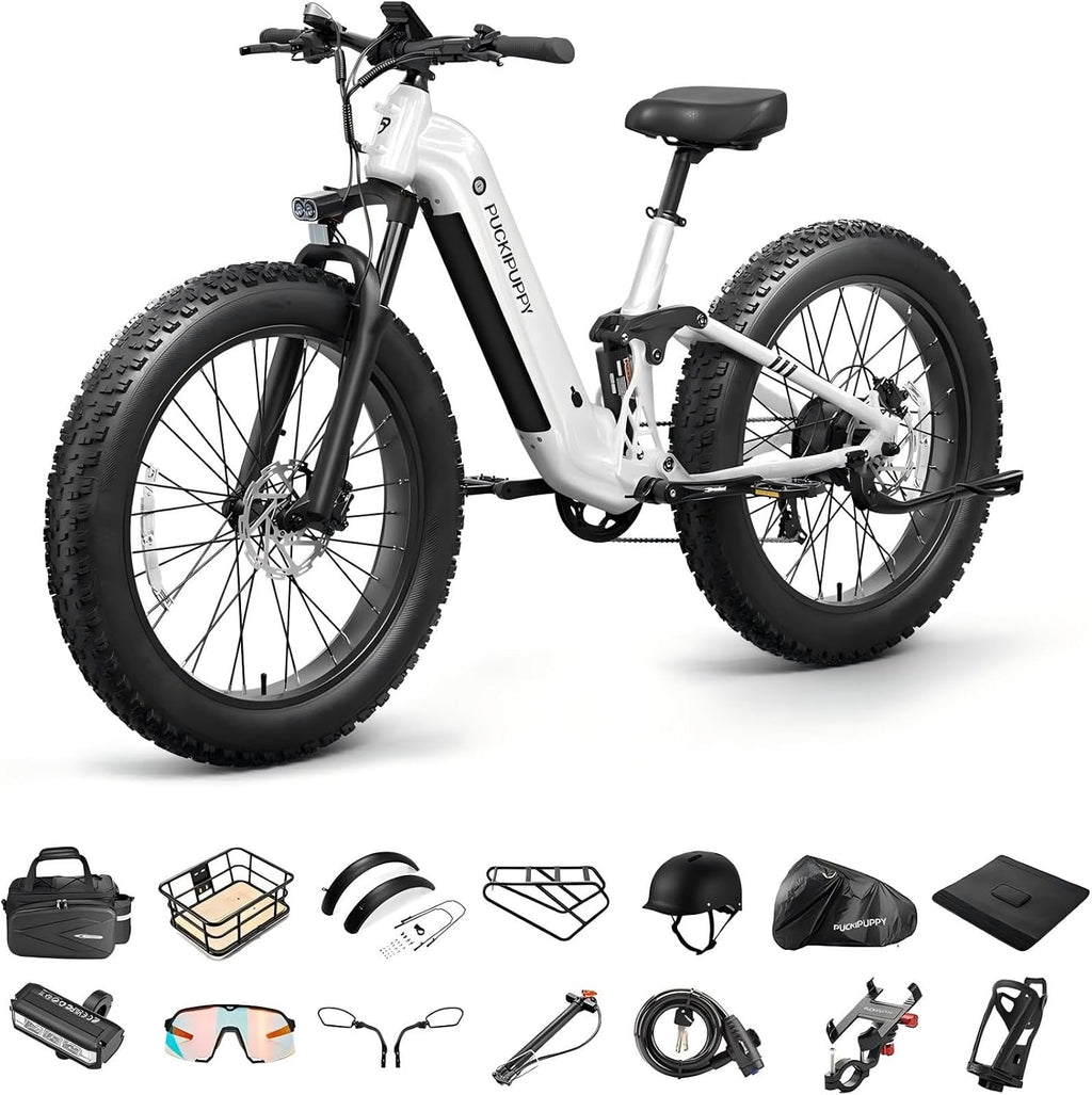 PUCKIPUPPY Electric Bike for Adults 960W+A Luxury Accessory Pack, 48V 20AH Battery Adult Electric Bicycles, 26' Fat Tire Full Suspension Step-Thru Ebike, 28MPH Mountain Ebike, 7 Speed, 80Miles Range