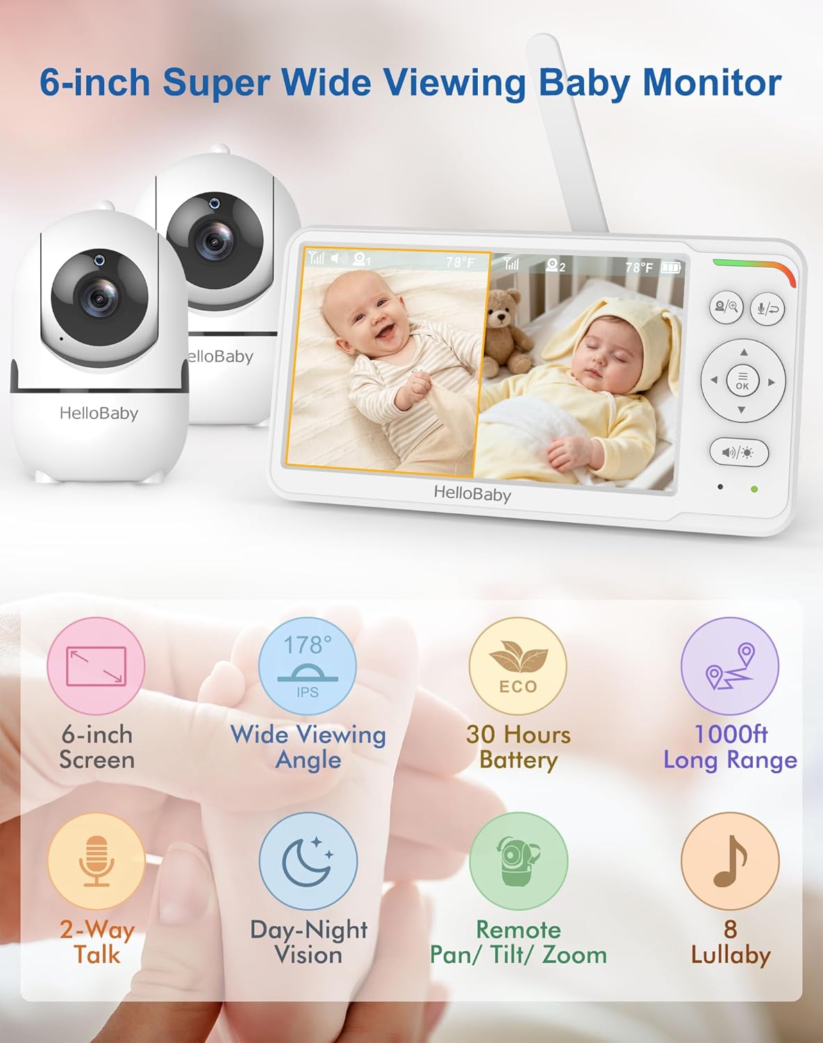 HelloBaby Baby Monitor with 2 Cameras, World First 6' IPS Split Screen, Double Cameras No WiFi, 30H Battery, 2-Way Audio, Pan-Tilt-Zoom, VOX Mode, Night Vision, 8 Lullabies, 1000ft Range