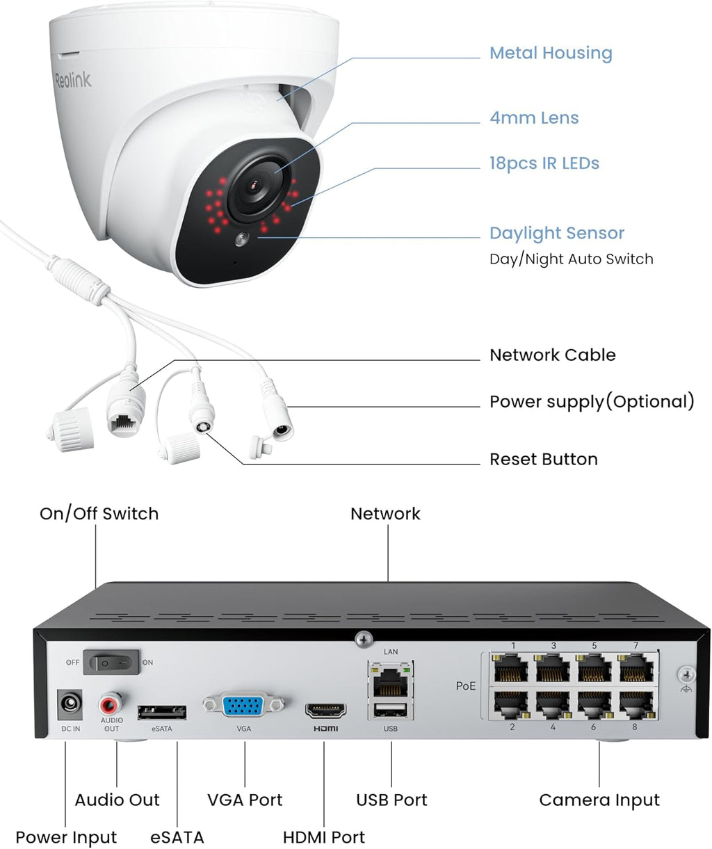 REOLINK 4K Security Camera System, 4pcs H.265 PoE Wired Turret Cameras with Person Vehicle Detection, 4K/8MP 8CH NVR with 2TB HDD for 24-7 Recording, RLK8-800D4