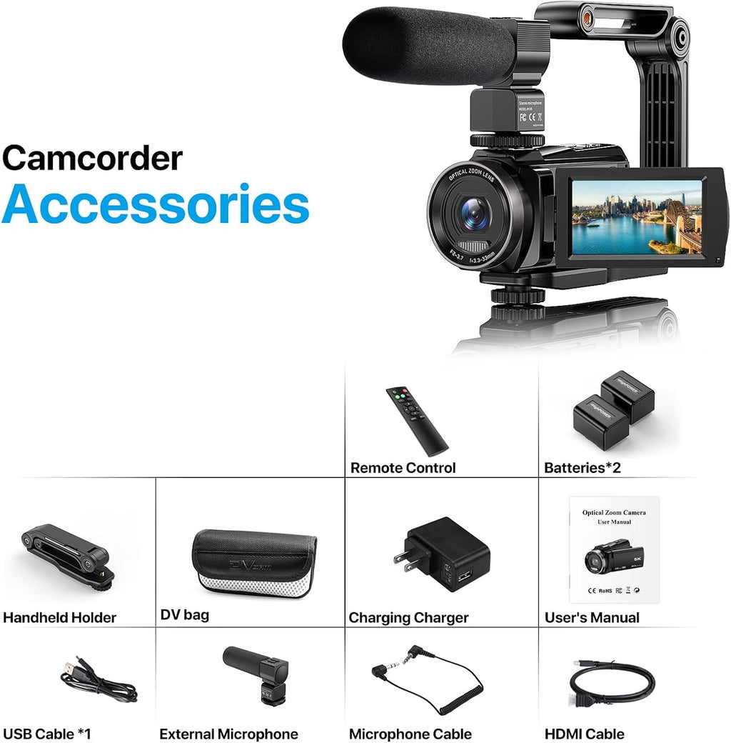 FJFJOPK 5K Video Camera Camcorder, 10X Optical Zoom 48MP UHD 30FPS Vlogging Camera for YouTube, Photography Recorder Camera with 270° 3' Rotation Screen, Microphone, Stabilizer, Remote Control