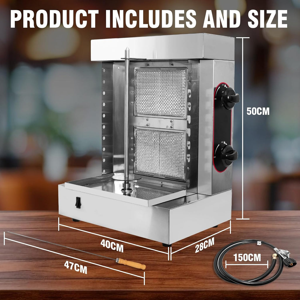 Innovative 2-Burner Shawarma Grill Machine - Professional Rotisserie for Kebabs, Gyros, & Tacos Al Pastor - Includes 10 Premium Stainless Steel Skewers