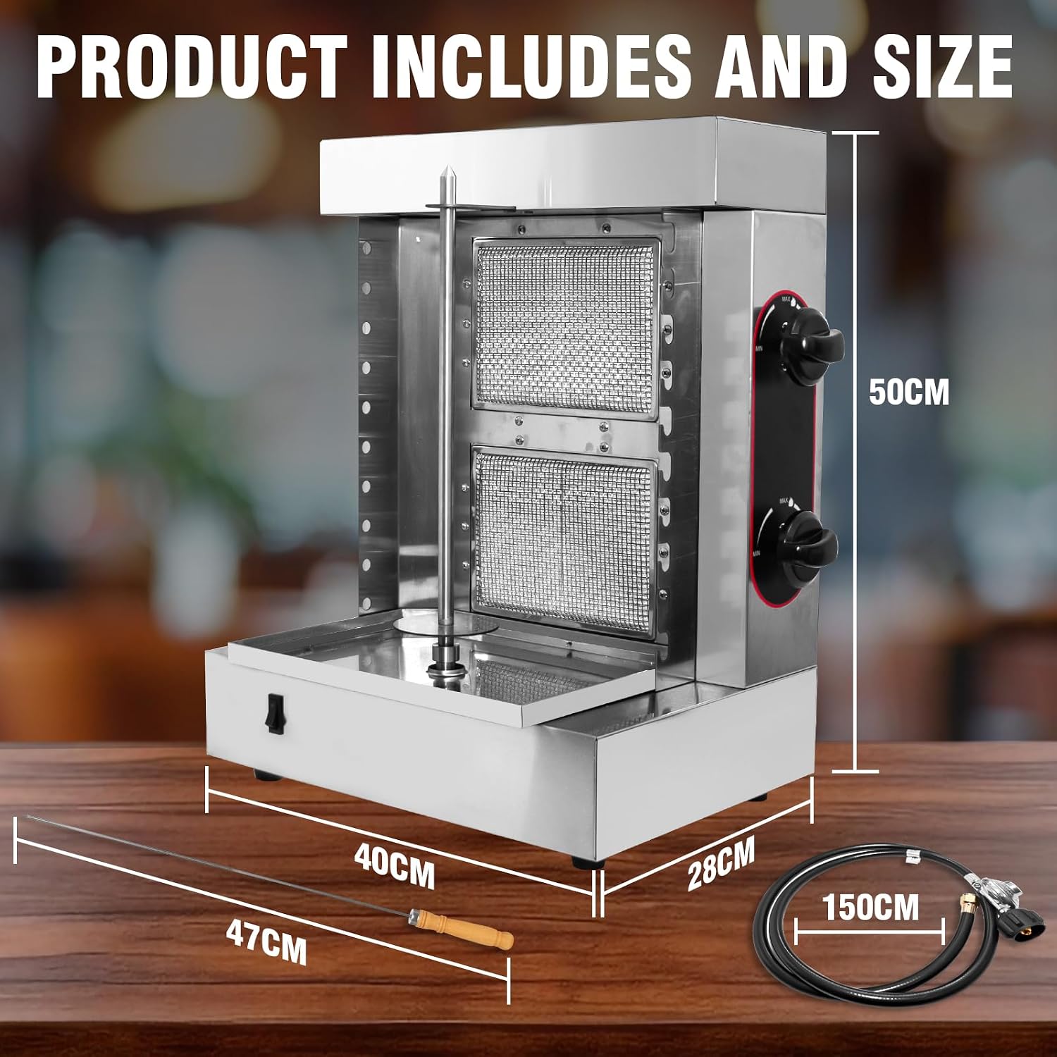 Innovative 2-Burner Shawarma Grill Machine - Professional Rotisserie for Kebabs, Gyros, & Tacos Al Pastor - Includes 10 Premium Stainless Steel Skewers