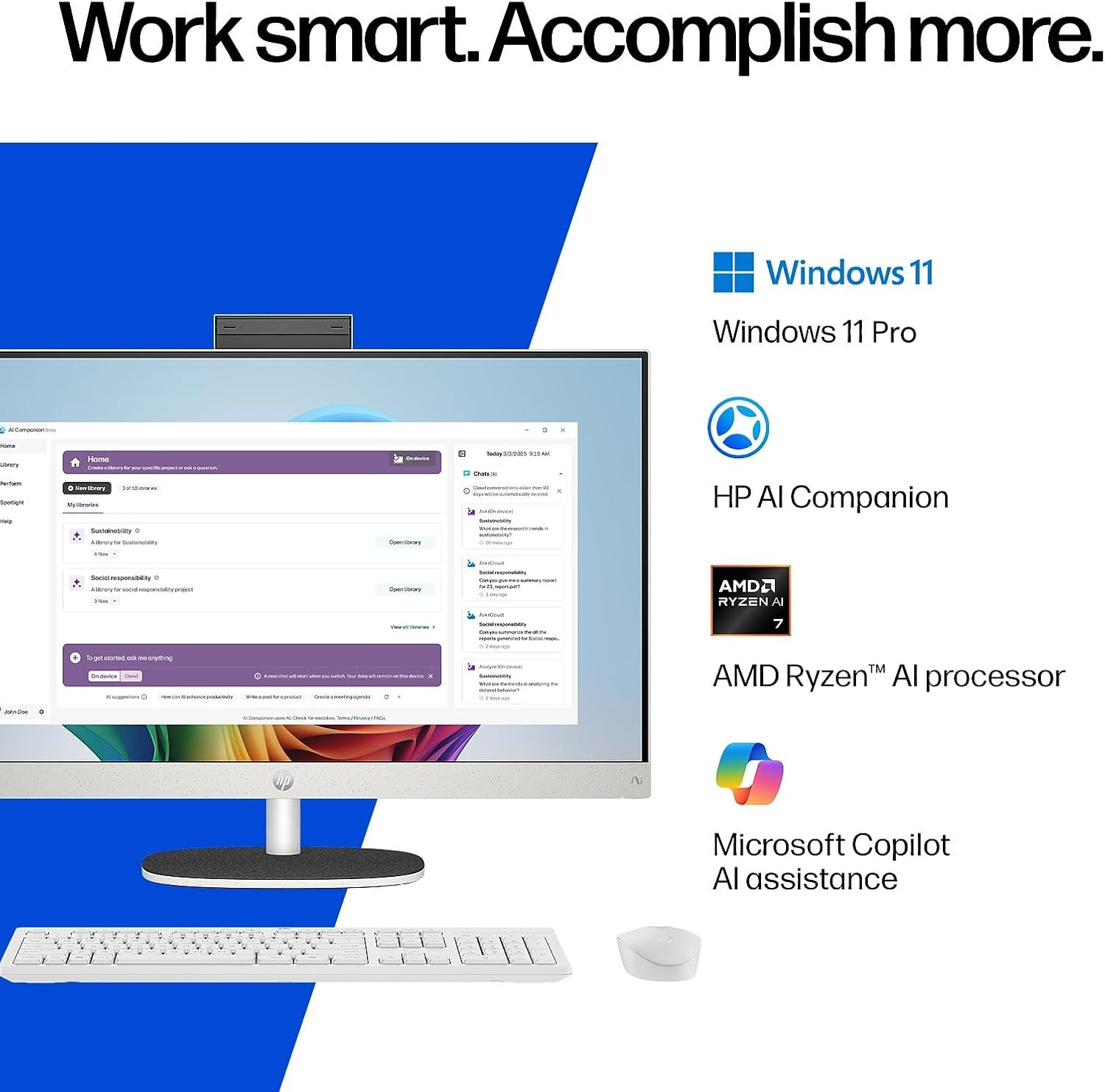 HP 27' All-in-One Touchscreen Desktop Computer, Next Gen AI PC, AMD Ryzen AI 7 350 (8-Core), 32GB DDR5, 2TB SSD, Webcam, Wi-Fi 6, Bluetooth 5.4, Wireless Keyboard & Mouse, Windows 11 Pro, Accessories