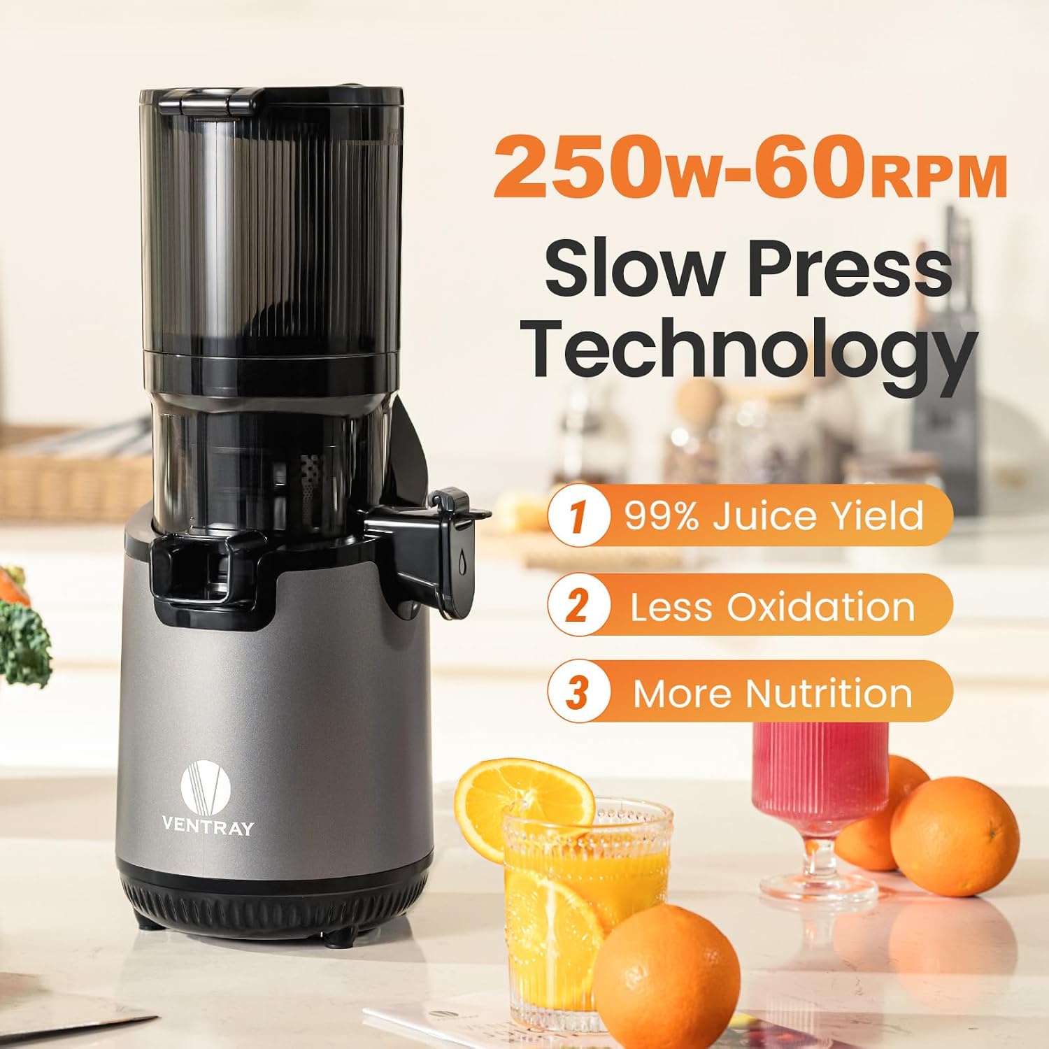Ventray Cold Press Juicer, Juicer Machine with 5.12'' Extra Large Feed Chute, Slow Masticating Juicer for Whole Vegetables & Fruits, High Juice Yield, Easy to Clean with Brush
