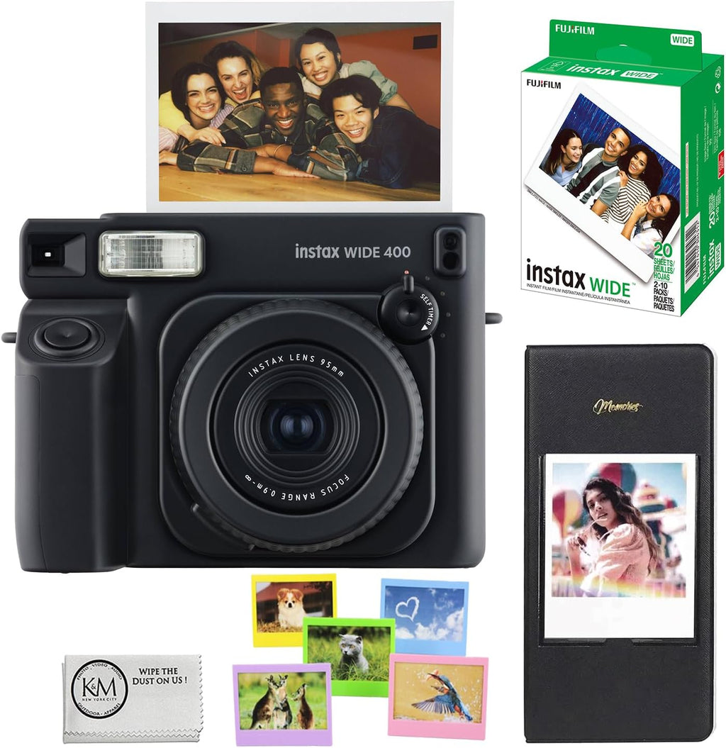 FUJIFILM INSTAX Wide 400 Instant Camera | Jet Black Bundled with INSTAX Wide Instant Film | 20 Exposures + Wide Album & Colored Frames + Cleaning Cloth (4 Items)