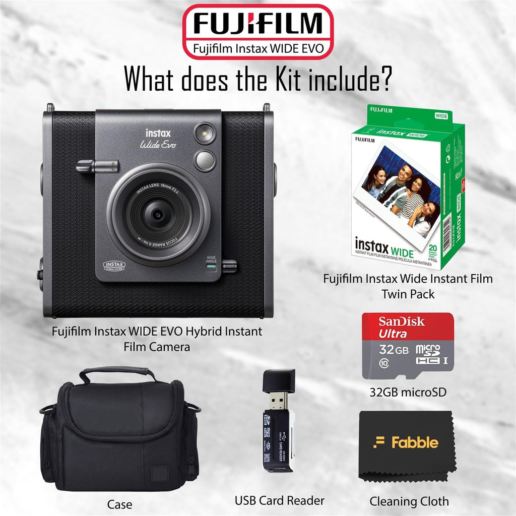 Fujifilm Instax Wide Evo Hybrid Instant Camera – Bundle with 20-Exposure Film Twin Pack, Protective Case, 32 GB microSDHC Card, USB Card Reader & Cleaning Cloth