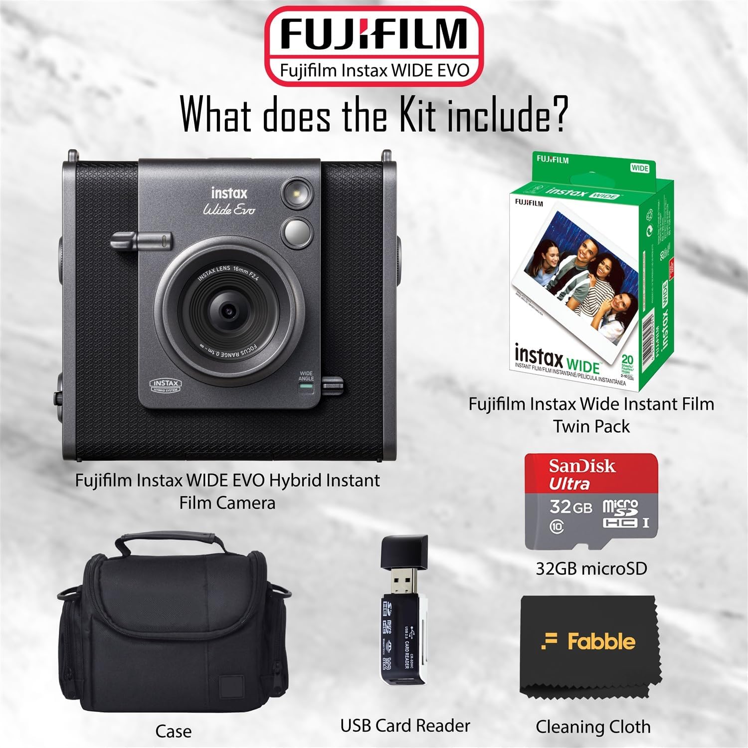 Fujifilm Instax Wide Evo Hybrid Instant Camera – Bundle with 20-Exposure Film Twin Pack, Protective Case, 32 GB microSDHC Card, USB Card Reader & Cleaning Cloth