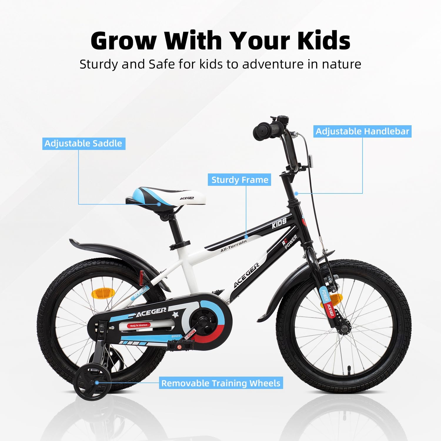 ACEGER Simon Kids Bike for Boys Girls Toddlers, Unisex for Aged 3-13 Years, 12 14 16 18 Inch Children Bicycle with Training Wheels, 20 Inch Bike with Kickstand