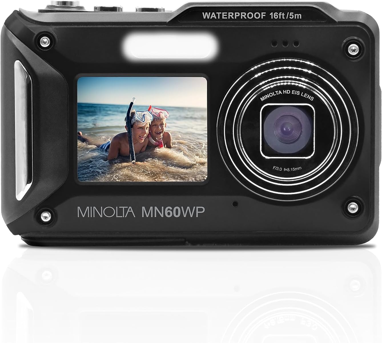 Minolta Waterproof Digital Camera - 48MP Photos, 4K UHD Video, Dual LCD Screens, 16ft Waterproof, 16X Zoom, Anti-Shake, Slow Motion, Compact Point-and-Shoot for Travel & Underwater (Black)