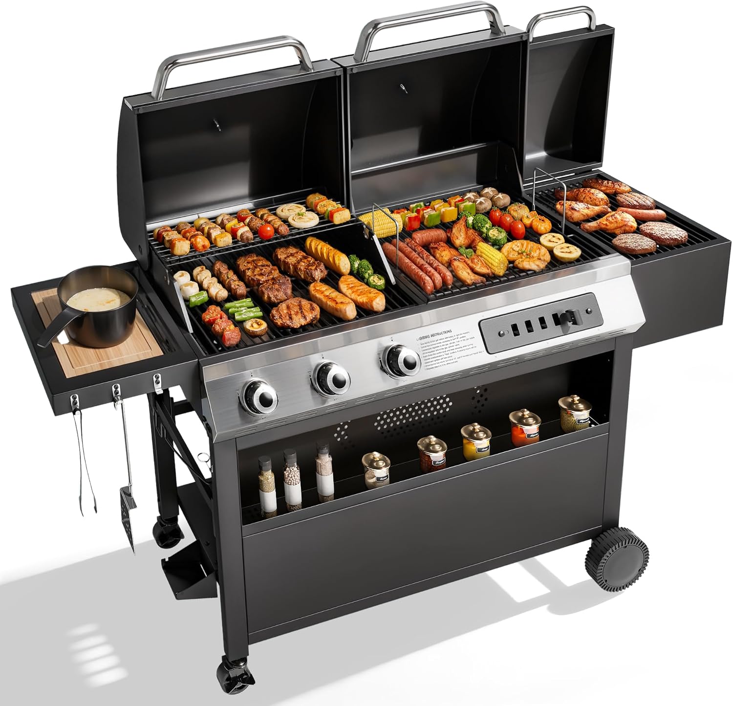 MFSTUDIO Gas and Charcoal Grill Combo with Side Smoker, Heavy Duty Dual Fuel BBQ Grill with Porcelain-Enamel Grates, Perfect for Outdoor Grilling, 840 SQIN Cooking Area