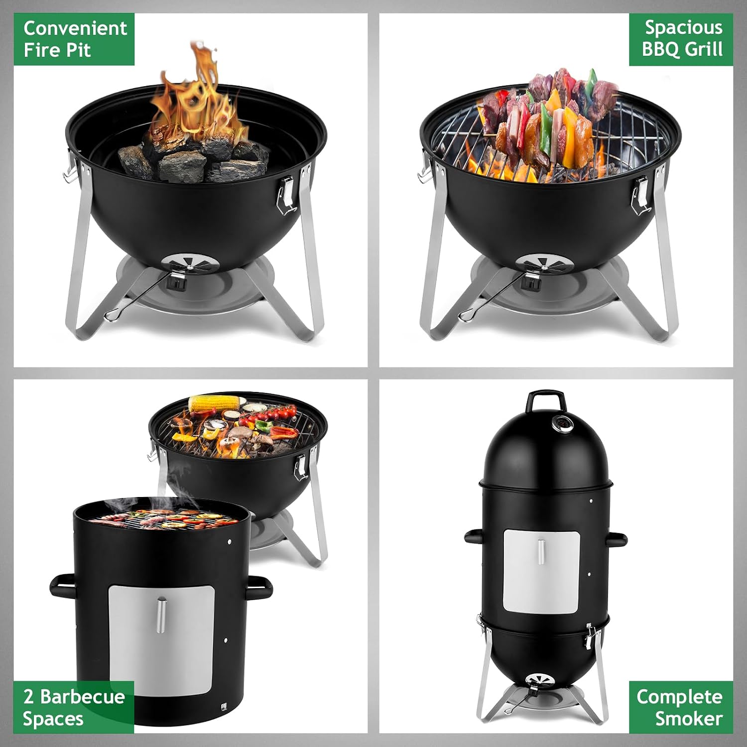 Vertical Steel Charcoal Smoker, Round BBQ Grill Vertical Charcoal BBQ Smoker, 3-in-1 Portable Outdoor Grill Cooker with Built-in Thermometer for Outdoor Cooking Backyard Grilling Camping Picnic