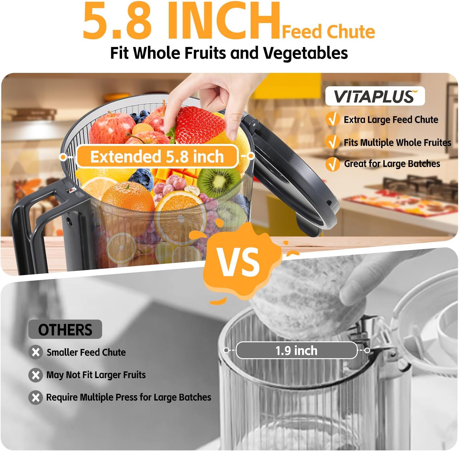 Cold Press Juicer, Upgraded AC Motor Masticating Juicer, Food-Grade Stainless Steel Auger, BPA-FREE Slow Juicing Extractor Machine with Easy Clean 5.8' Feeding Chute for Whole Vegs and Fruits