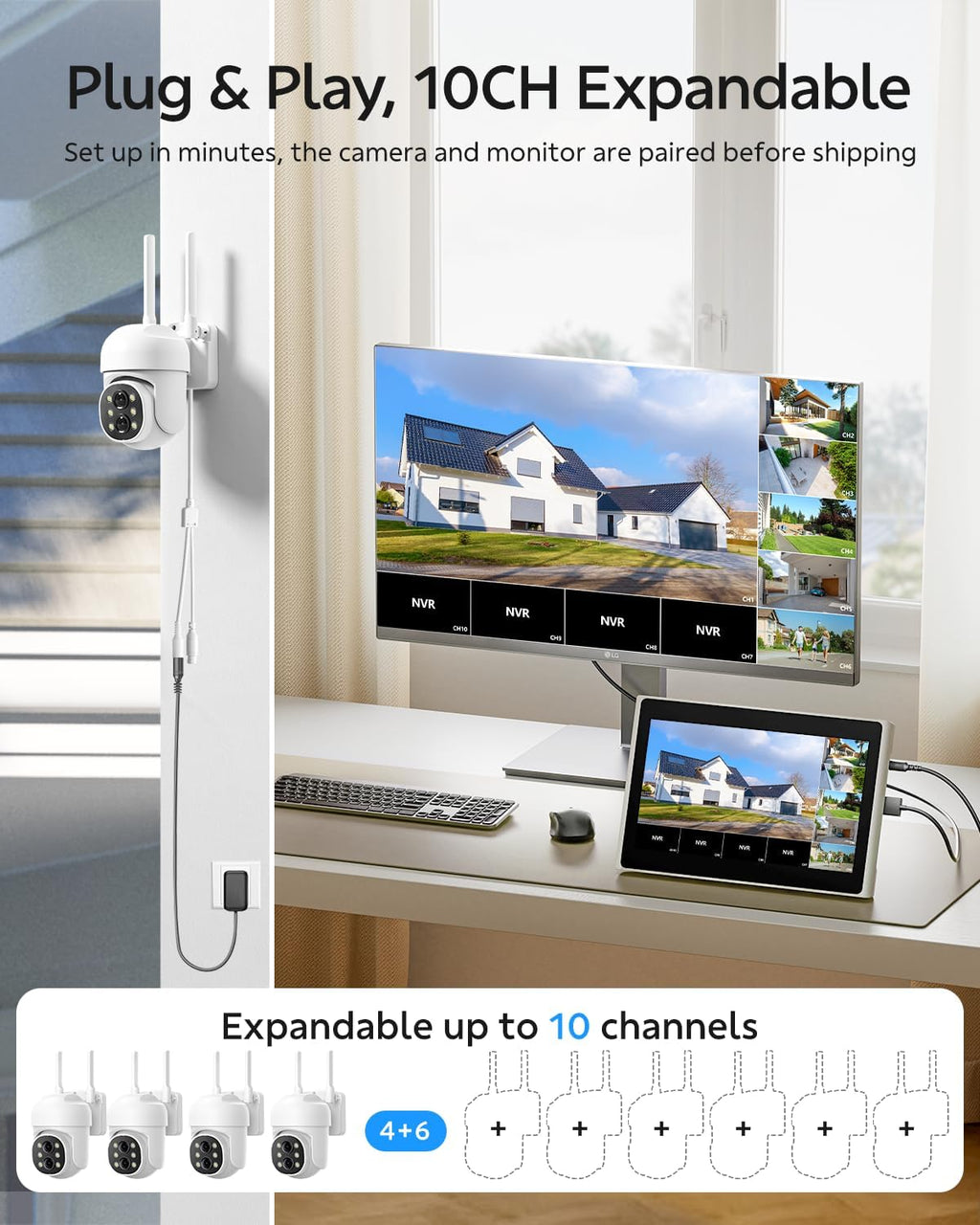 Camcamp Wireless Security Camera System with Monitor,10x Zoom 5MP Dual Lens Security Camera Outdoor with Night Vision,Motion Detection,Expandable 10CH 4K NVR.for Home Surveillance Kits Indoor/Outdoor