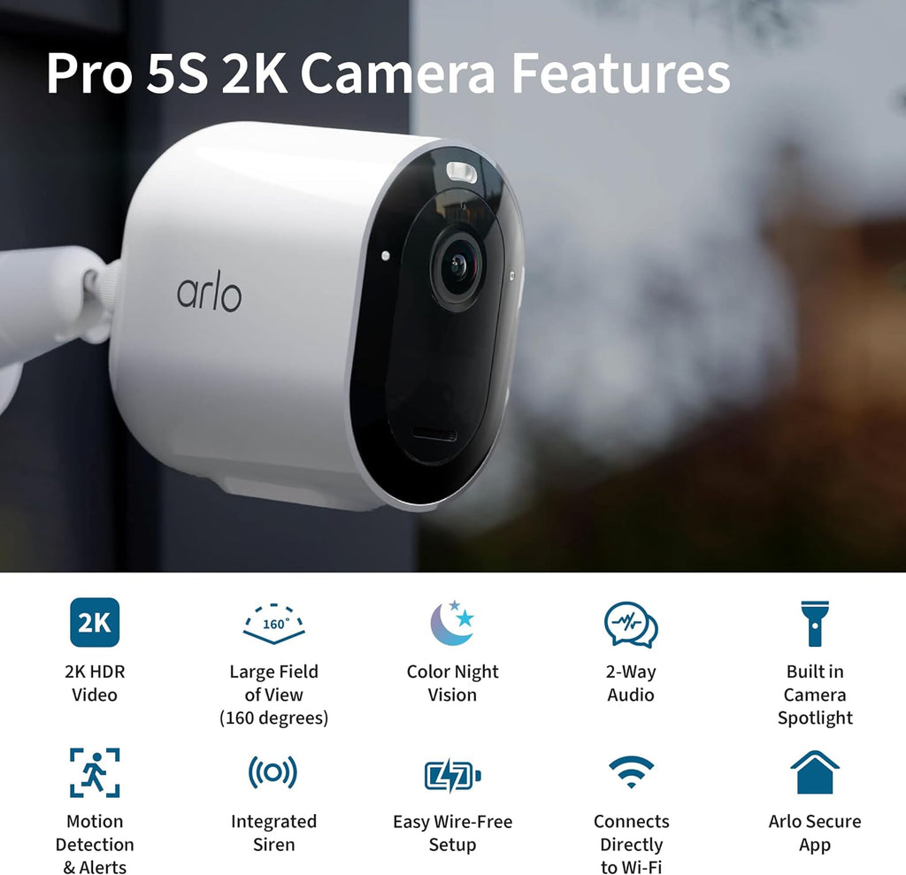 Arlo Pro Security Camera 2K HDR (5th Gen, 2022 Release) - Wireless Outdoor Camera, Rechargeable Removeable Battery, Event Captions, Emergency Response, 1-Month Trial of Secure Plan, 1 Cam, White