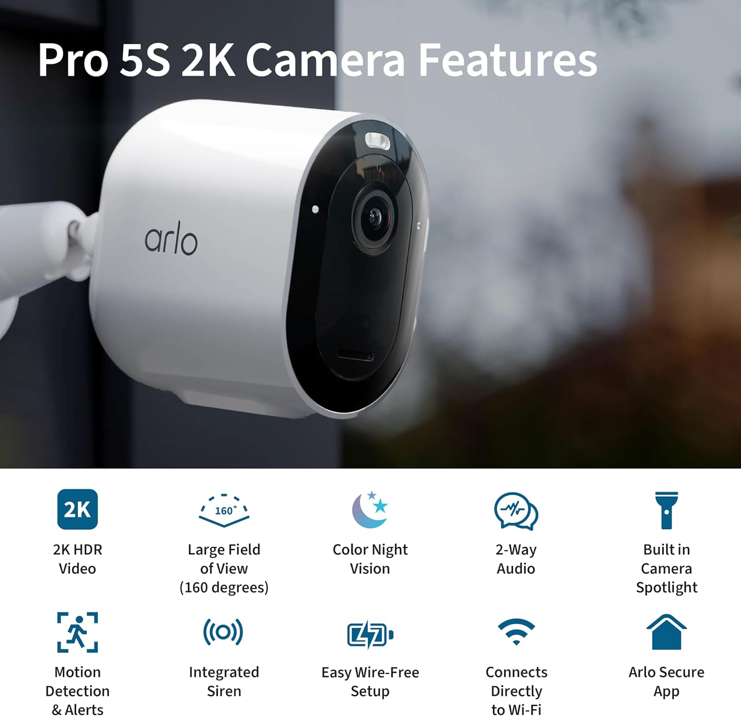 Arlo Pro Security Camera 2K HDR (5th Gen, 2022 Release) - Wireless Outdoor Camera, Rechargeable Removeable Battery, Event Captions, Emergency Response, 1-Month Trial of Secure Plan, 1 Cam, White