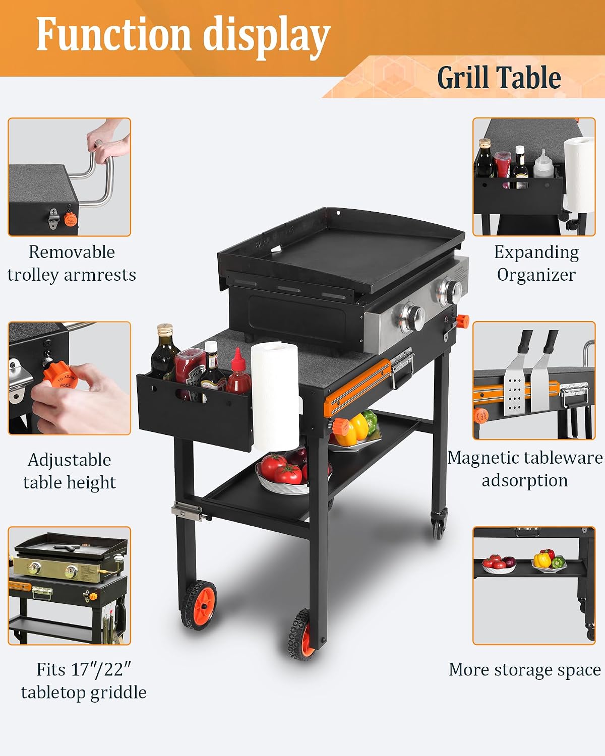 Grill Table For Blackstone Griddle 22 and 17 Inch, Grill Carts and 22 inch Griddle Cover, Foldable Quickly Blackstone Stand Suitable for Travel/Camping And Outdoor Meals
