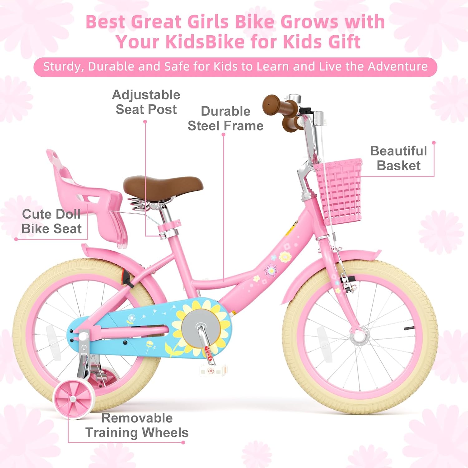 Glaf Toddler Girls Bike 12 14 16 20 Inch Girls Bike with Training Wheels Age 2-12 Years Old Bicycle Kids Bike with Basket and Doll Seat Adjustable Seat