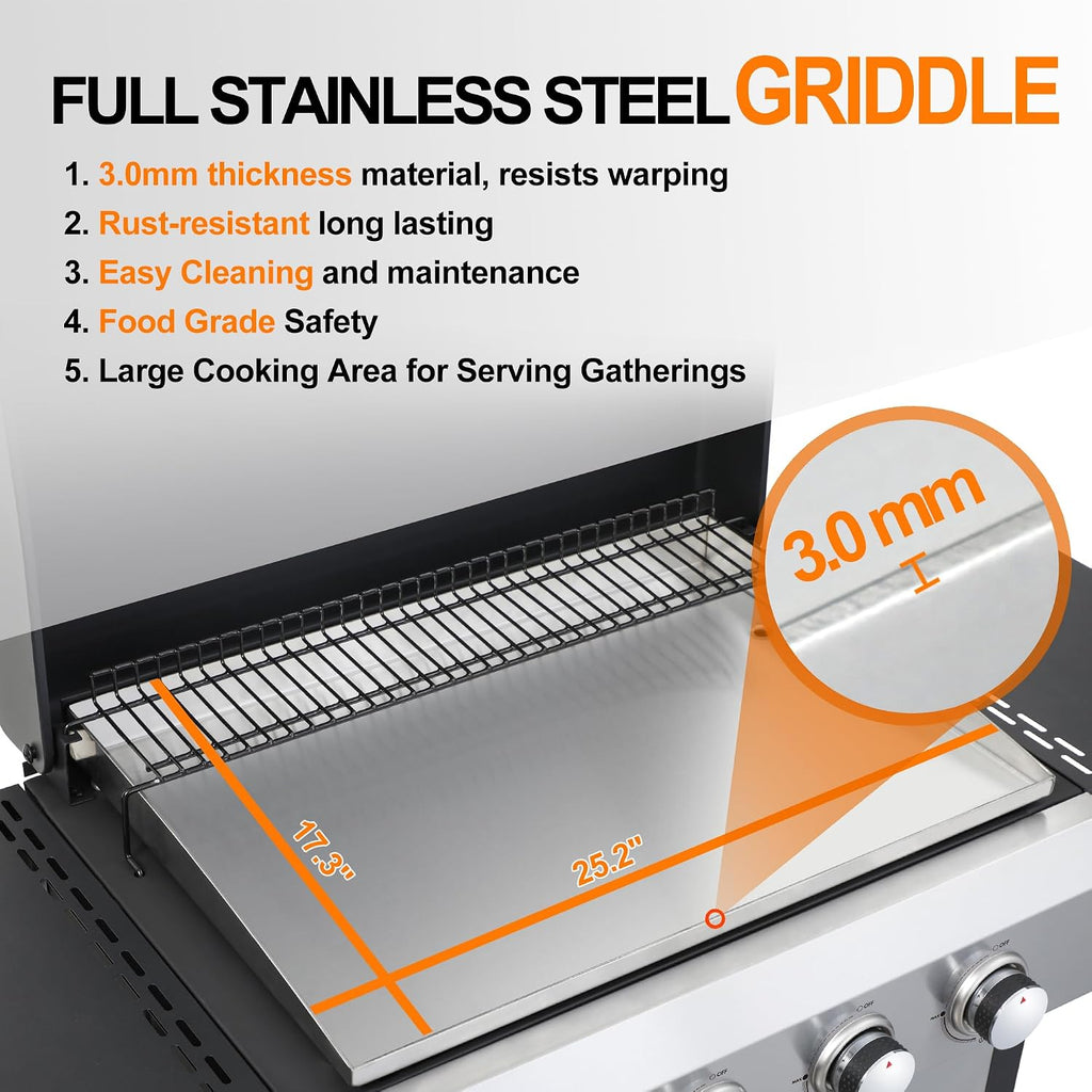 4-Burner Flat Top Propane Gas Grill Stainless Steel Griddle Combo with Foldable Side Table, 49,200 BTU Outdoor BBQ Grill, Porcelain-Enameled Cast Iron Grids, for Backyard, Patio Cooking