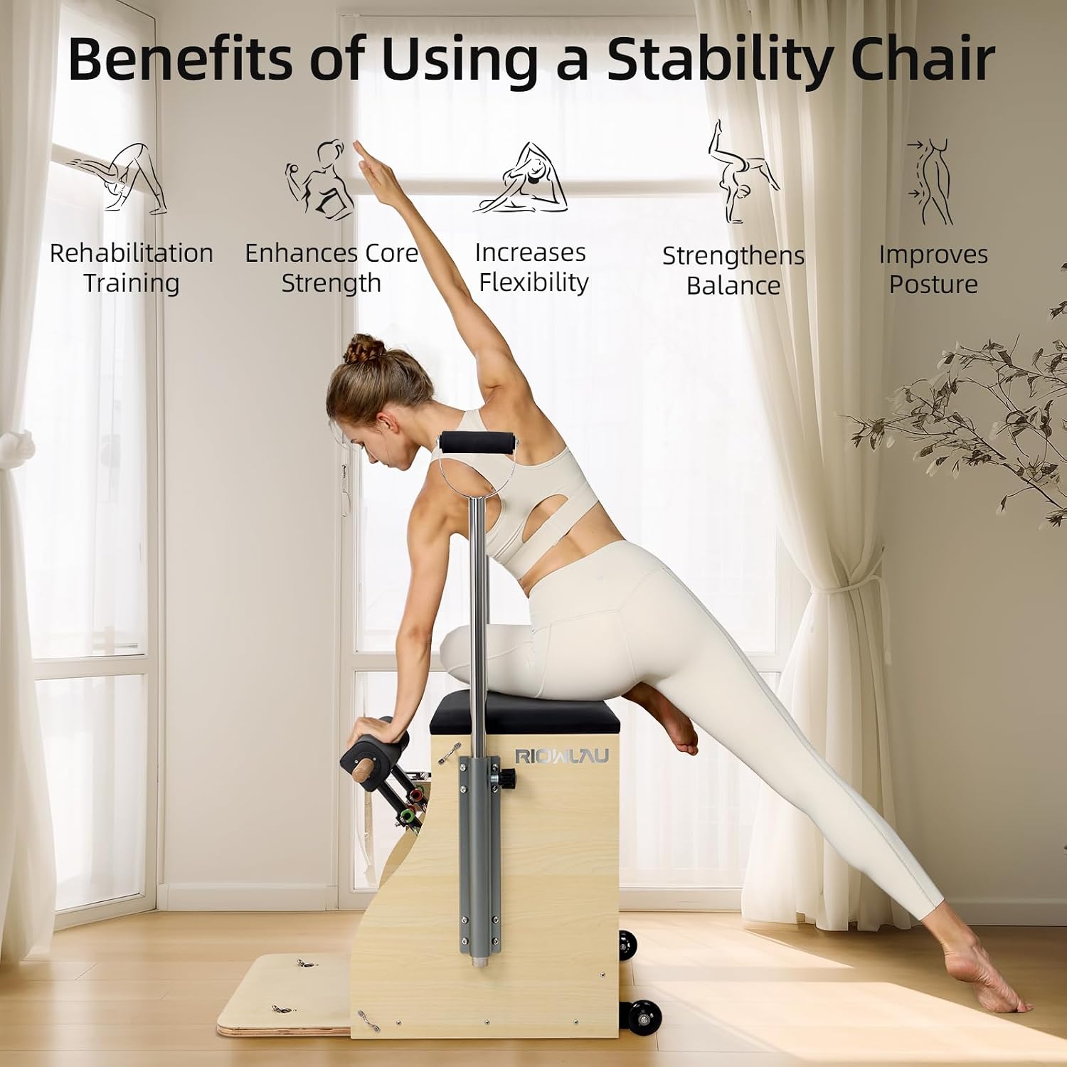 Pilates Chair, Split-Pedal Stability Combo Chair with Handles, Wunda Chair Pilates Machines for Home Use and Studio, 90% Assembled