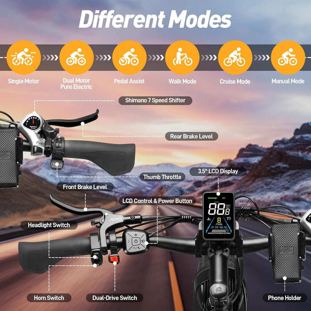 Dual Motor Ebike for Adults, Peak 9000W 52V 34AH Battery, 46MPH Fast Electric Bike for Adults, Up to 105Miles, Hydraulic Disc Brake, Full Suspension, 24' Electric Bicycle for Snow All Terrain