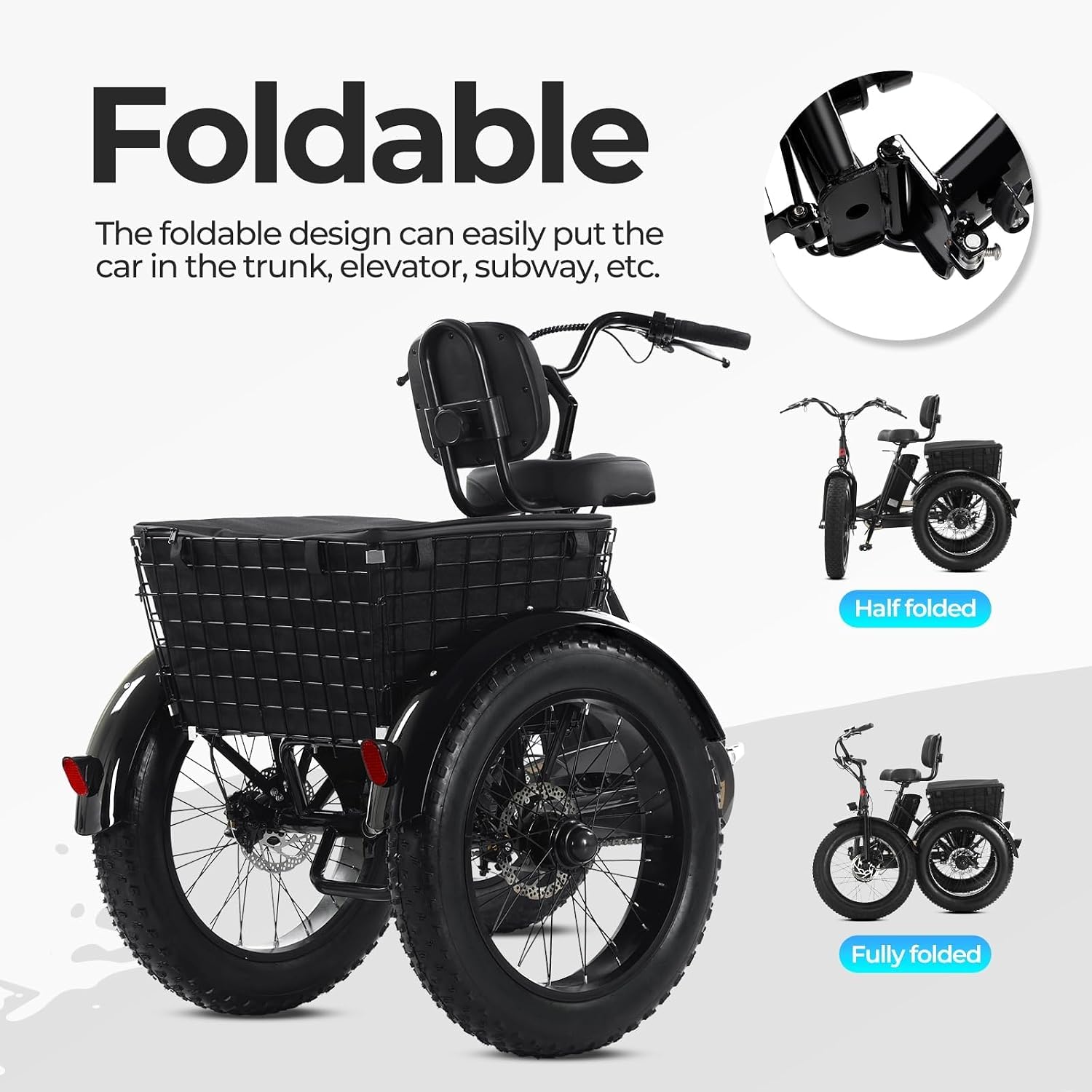 Geemax Electric Tricycle for Adults, 20' x 4.0 Fat Tire Electric Trike, Peak 500W 20MPH 36V 13Ah Lithium Battery UL Certified, Premium 80% Assembled Foldable 3 Wheel Electric Bicycle, Black