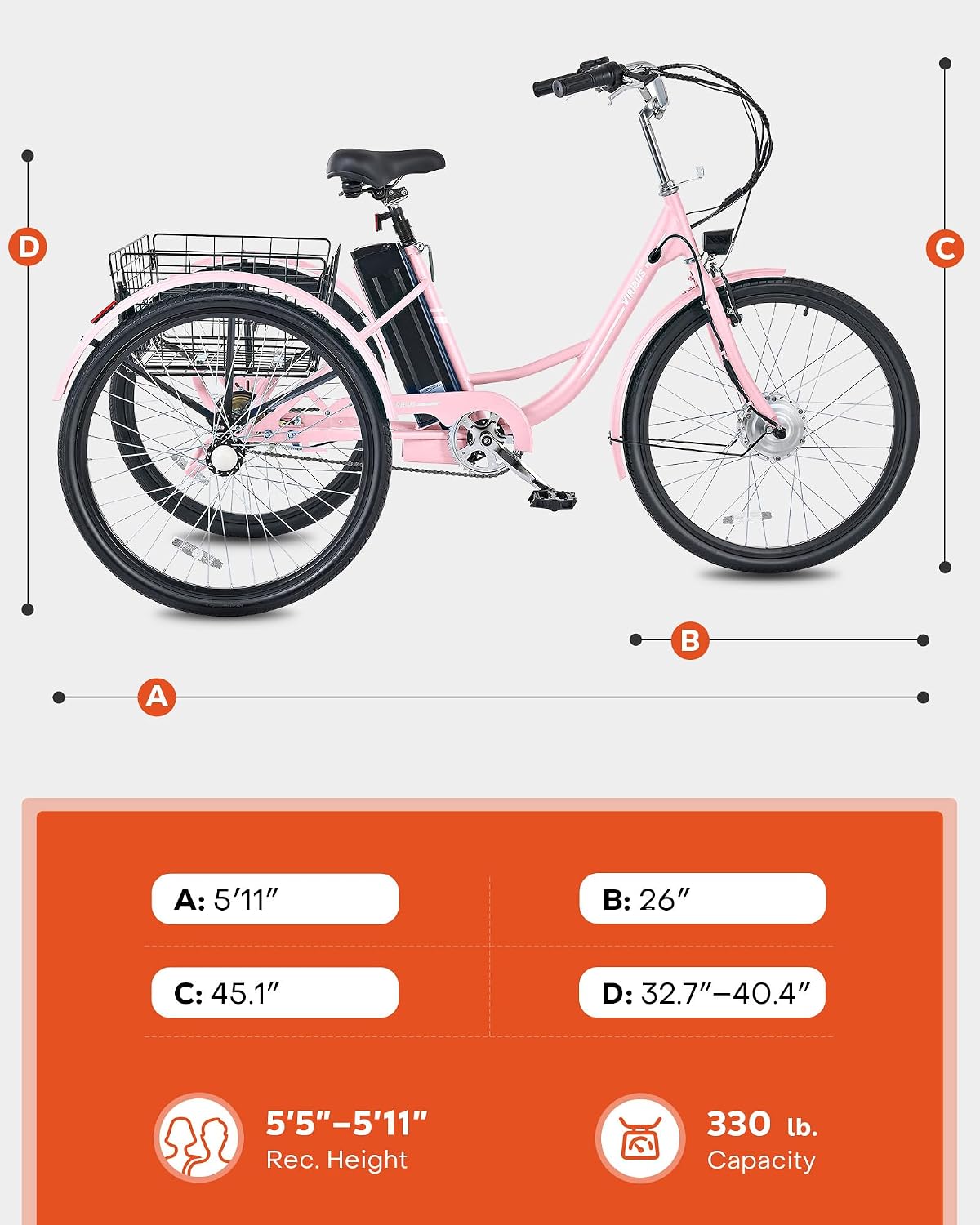 VIRIBUS Electric Tricycle for Adults, 24 26 inch Electric Trike with 468Wh Removable Battery, 250W/350W(Peak 500W) 3 Wheel Electric Bikes for Seniors, Motorized Adult Tricycles Women Men 330 lb.