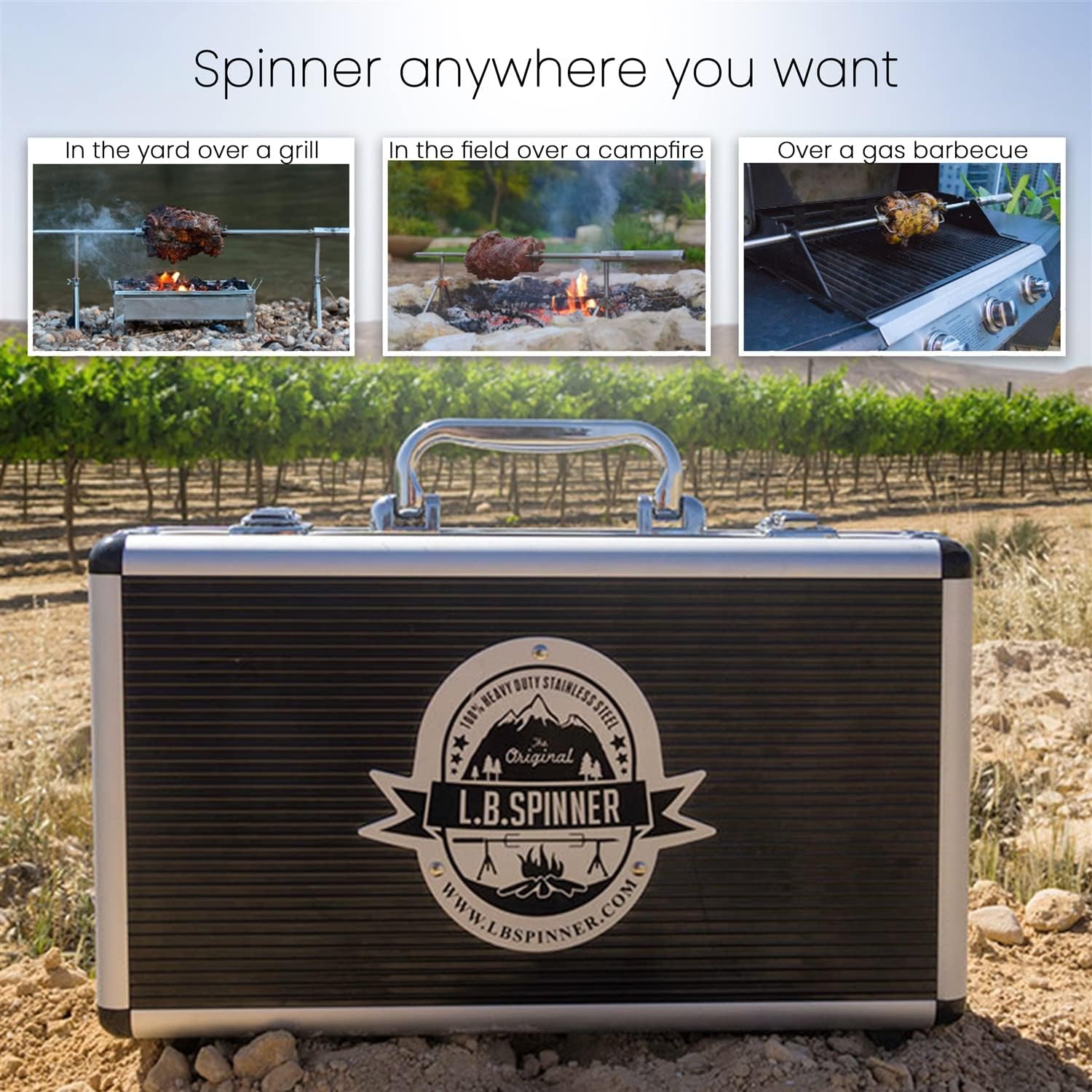 L.B. Spinner Classic Portable Battery Operated BBQ Spinner Rotisserie Grill - Stainless Steel with Carry Case