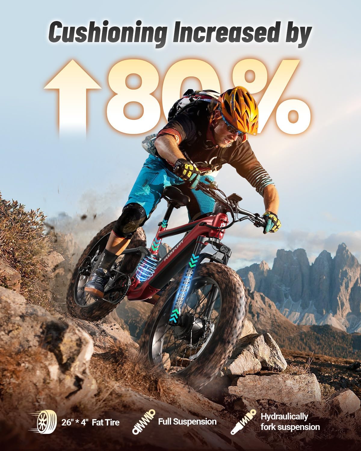 PUCKIPUPPY Dual Motor Electric Bike for Adults 1600W, 48V 20AH Battery with Torque Sensor, Full Suspension, 26' Fat Tire, 28MPH, 80 Mile Range, 8 Speed Mountain Electric Bicycle Golden Retriever Pro
