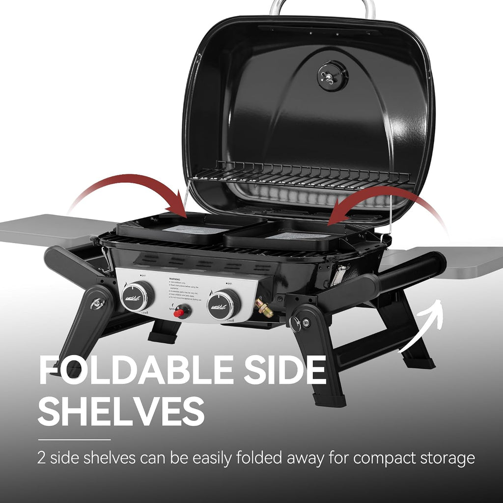 2-Burner Portable Propane Gas Grill with Foldable Side Tables and Legs, Outdoor Tabletop Gas Grill with Warming Rack for Travel, Picnic, Tailgate, Camping, Black, GT2005-SC