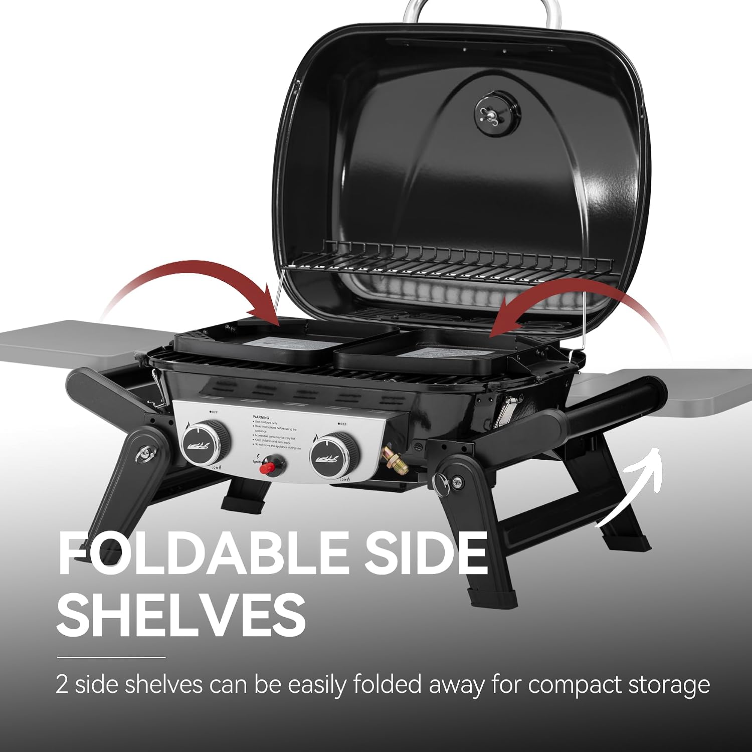 2-Burner Portable Propane Gas Grill with Foldable Side Tables and Legs, Outdoor Tabletop Gas Grill with Warming Rack for Travel, Picnic, Tailgate, Camping, Black, GT2005-SC