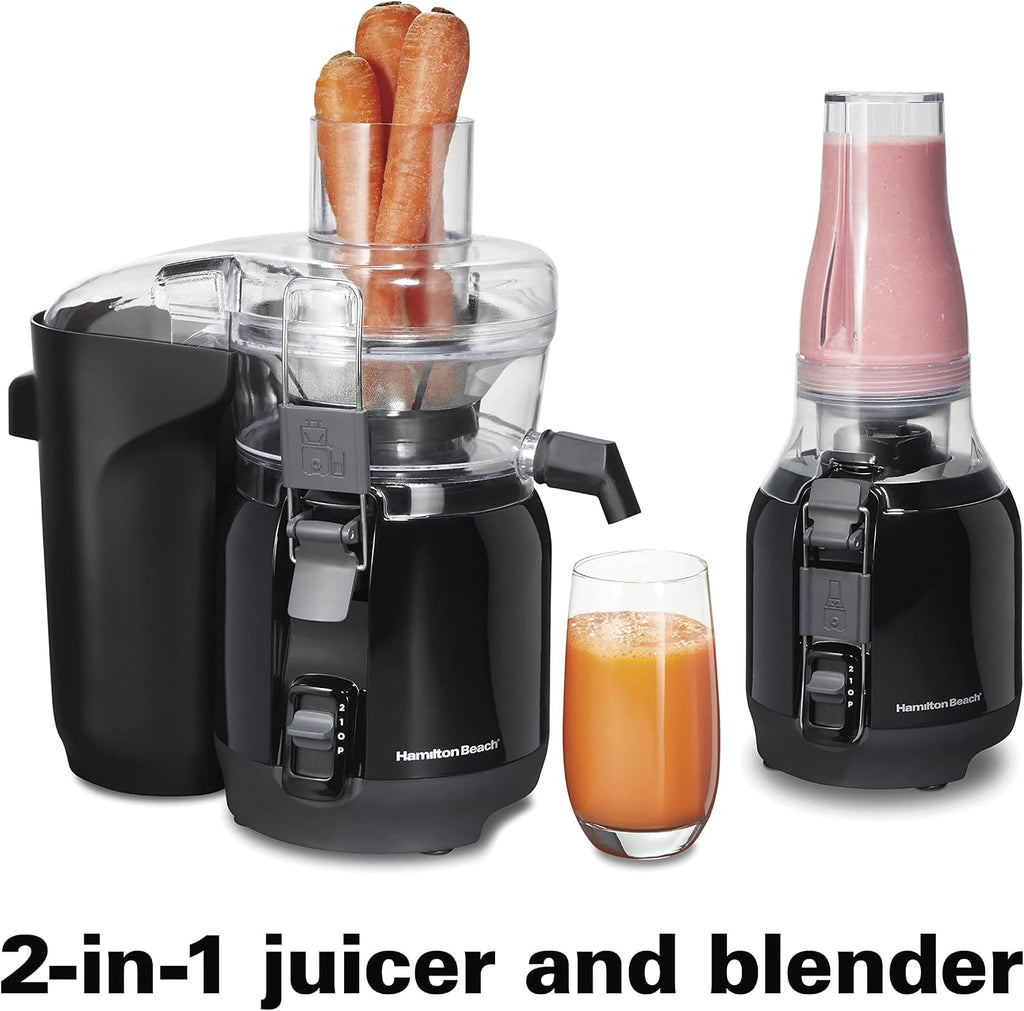 Hamilton Beach Juice & Blend 2-in-1 Juicer Machine and 20 oz. Blender, Big Mouth Large 3' Feed Chute for Whole Fruits and Vegetables, Easy to Clean, Centrifugal Extractor, 800W Motor, Black (67970)