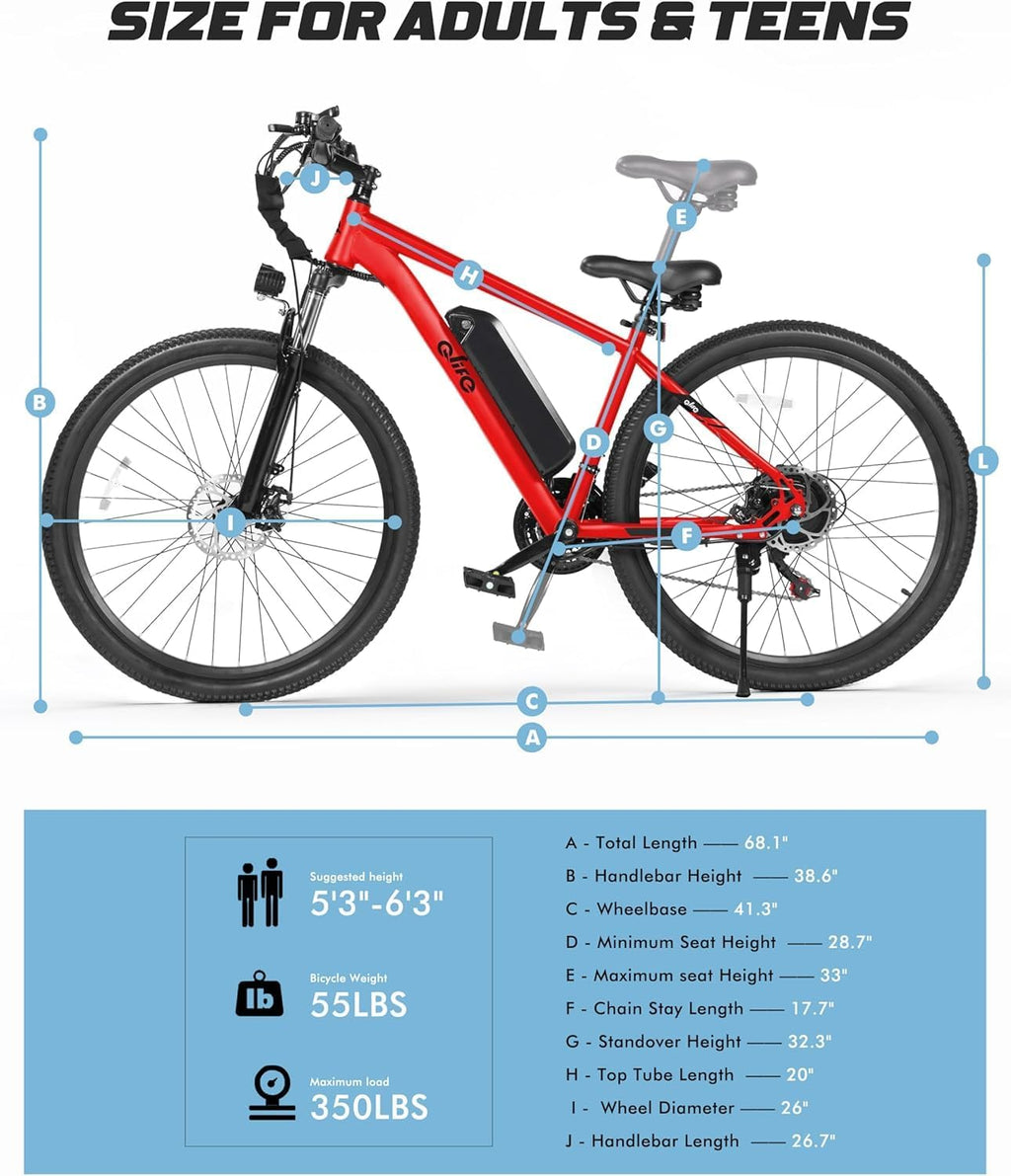 Qlife Racer Electric Bike for Adults - 21-Speed Mountain Lightweight Ebike with Peak 1000W/750W 25MPH/22MPH Brushless Motor, 375Wh Removable Battery, 26X2.1 Tire Step Over E-MTB, Up to 40 Miles