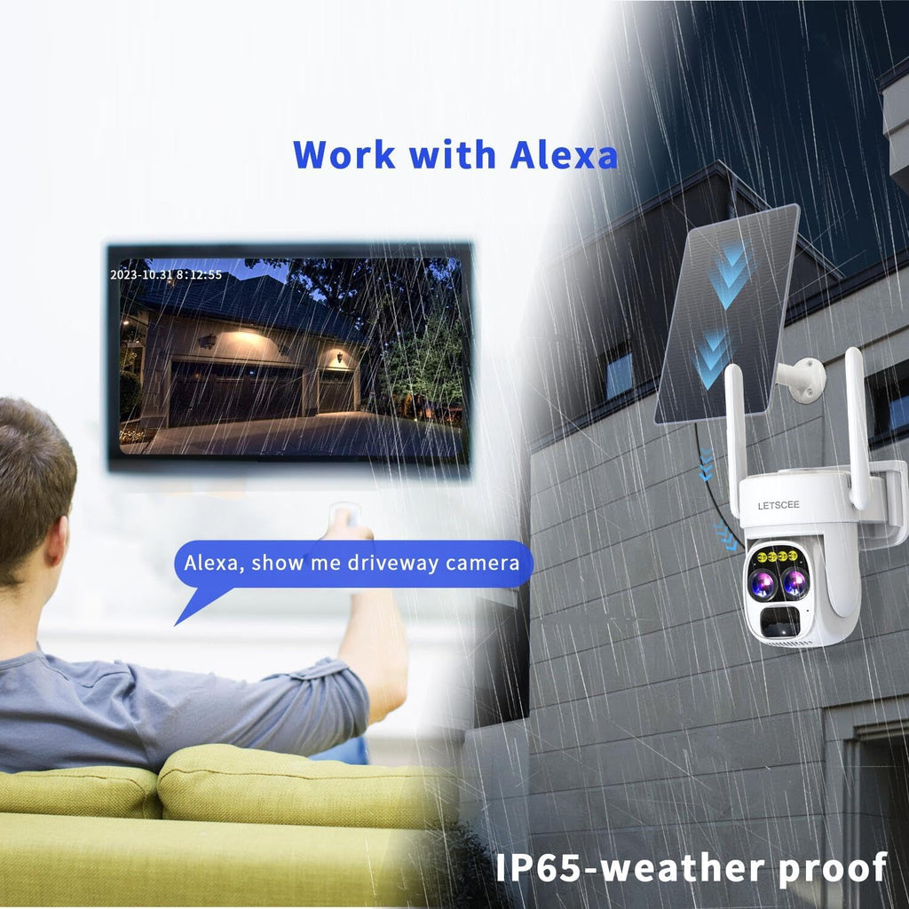 LETSCEE Security Cameras Wirelss Outdoor Solar Powered for Home Security, 360 View Outside Camera,Motion Detection,10x Hybrid Zoom PAN Tile,IP-65 Weather Proof (4 Pack)