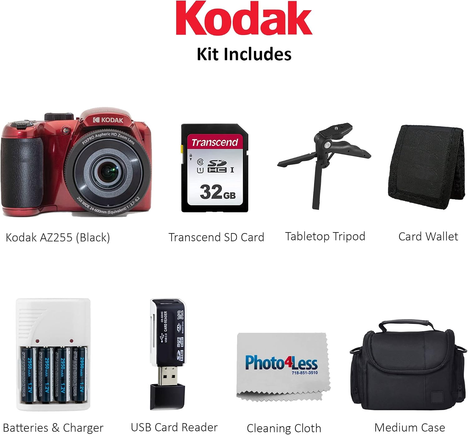 Kodak PIXPRO AZ255 Digital Camera (Red) Bundle + 32GB Memory Card + Accessories